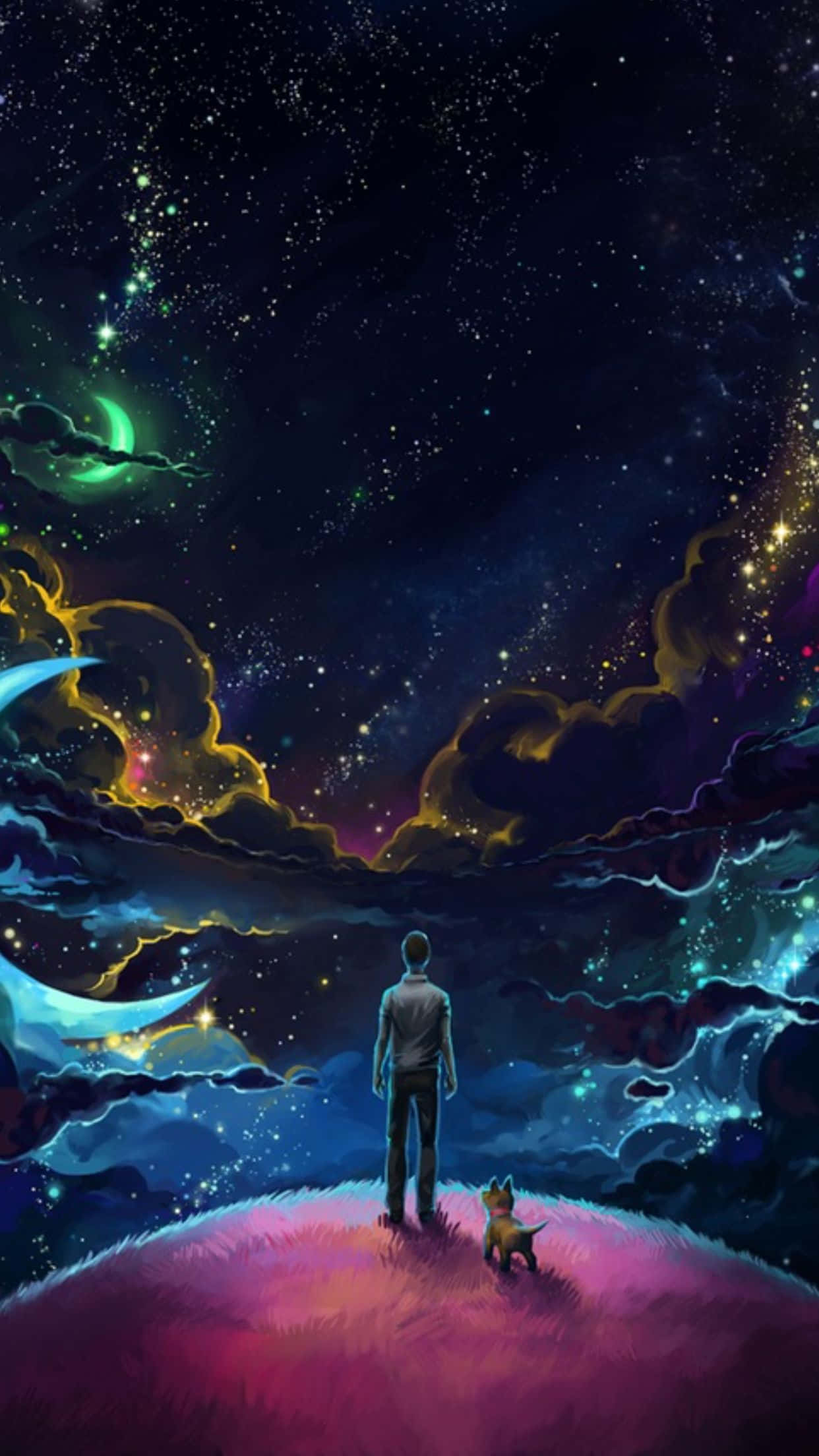 太空 桌布 壁紙 — 一個孤獨的身影和一隻小狗站在發光的山丘上，仰望充滿星星、星雲和新月的充滿活力的宇宙天空。