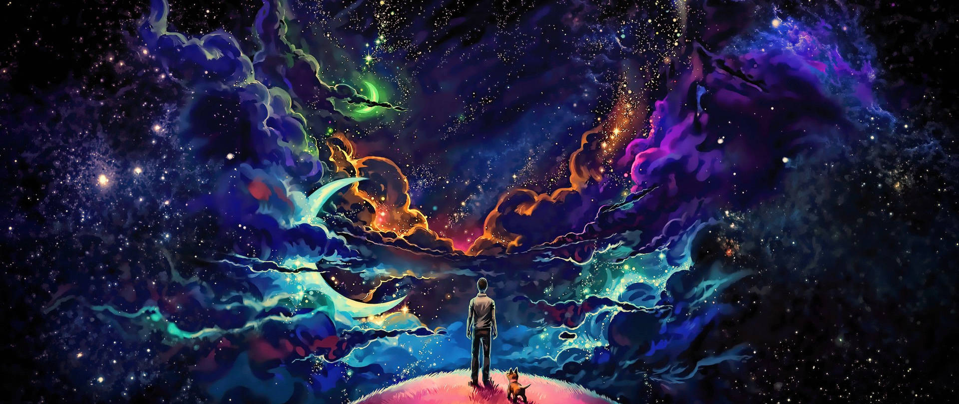 人和狗在星球上觀看色彩繽紛的宇宙雲和星星。 — 2560x1080 動態桌布 壁紙