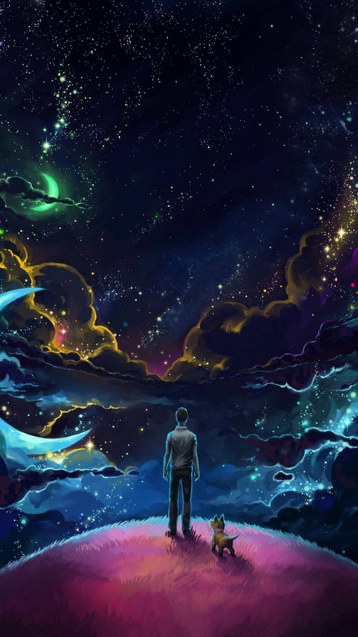 太空美學動圖 桌布 壁紙 — 一個孤獨的身影和一隻小狗站在發光的粉紅色山丘頂上，仰望充滿星星、星雲和新月的充滿活力的宇宙天空。