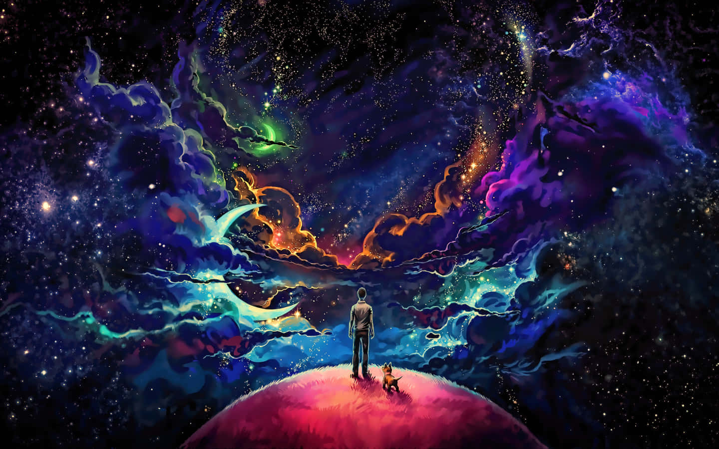科幻 桌布 壁紙 — 一個孤獨的身影和一隻小狗站在發光的行星頂端，凝視著充滿恆星和鮮豔色彩的漩渦宇宙星雲。