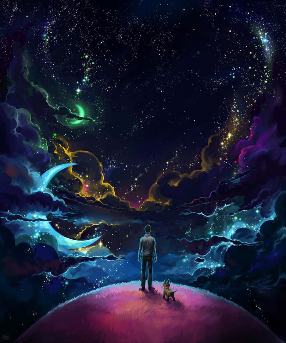 Trippy Space 桌布 壁紙 — 一個孤獨的身影和一隻小狗站在發光的山頂上，凝視著充滿星星、新月和旋轉星雲的宇宙天空。