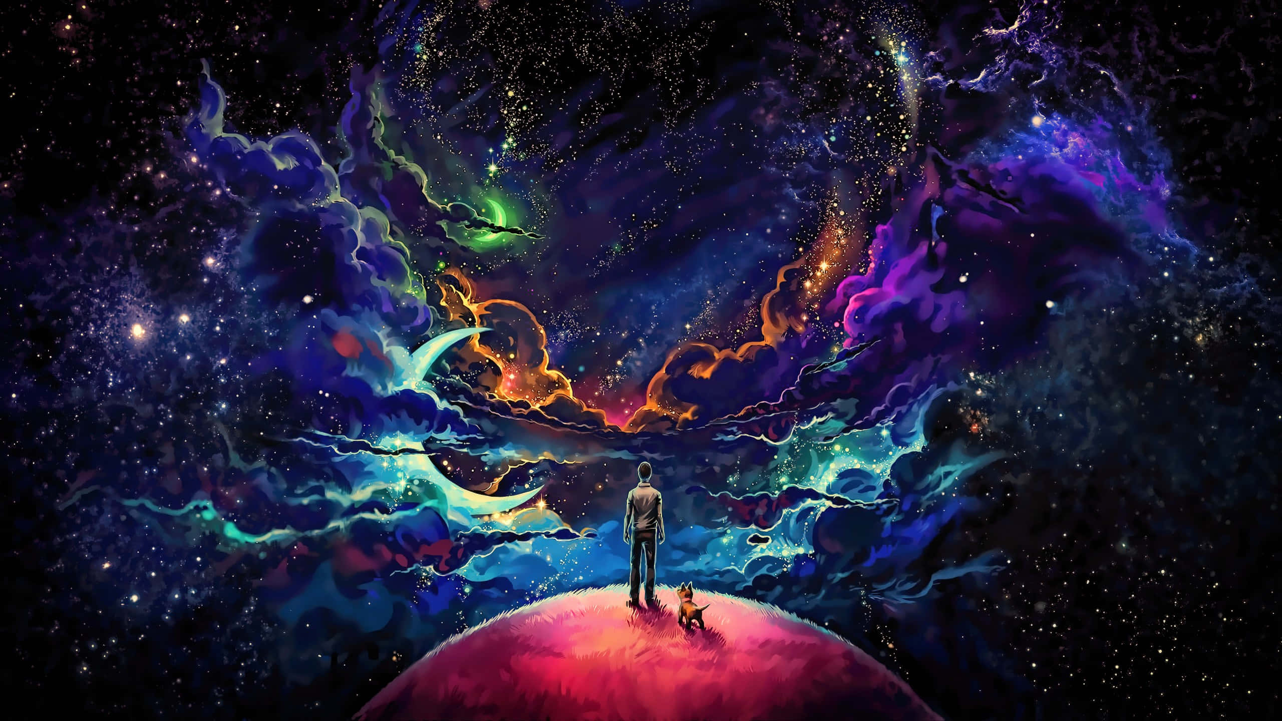 夢幻 桌布 壁紙 — 一個孤獨的身影和一隻小狗站在發光的星球上，凝視著充滿旋轉恆星和星系的生動宇宙星雲。