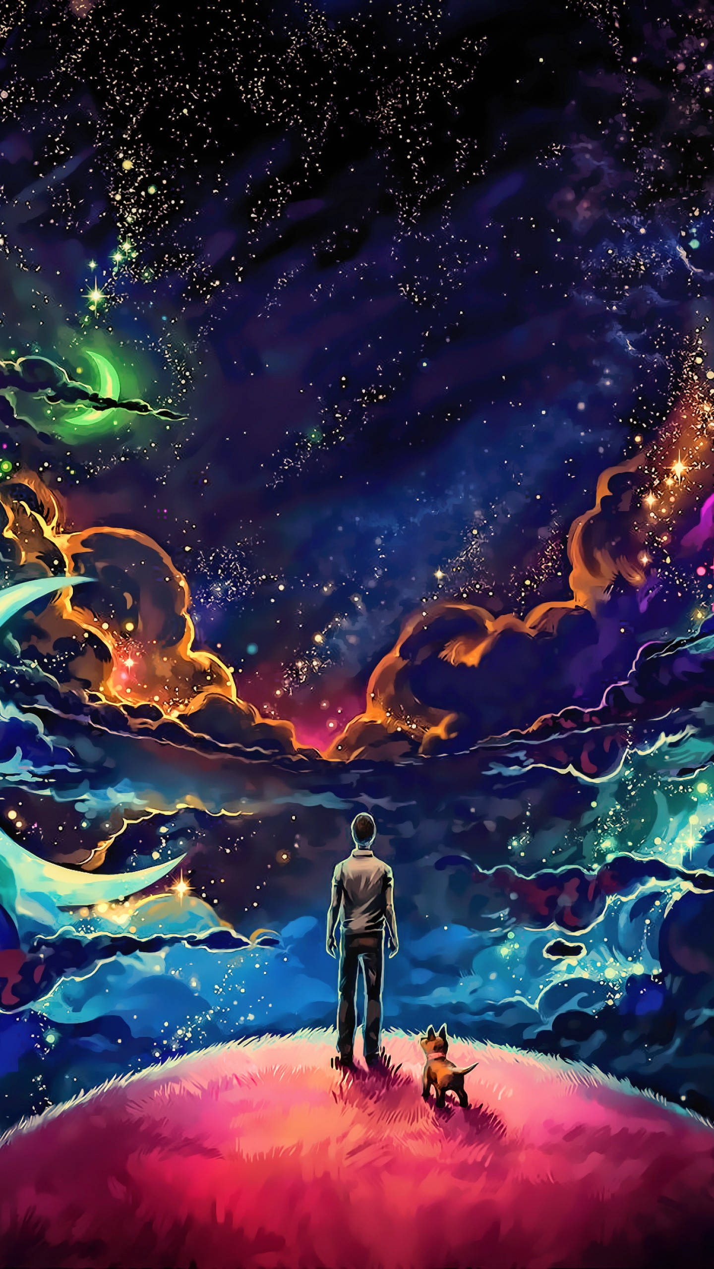 宇宙 桌布 壁紙 — 一個孤獨的身影和一隻小狗站在發光的山丘上，下方是充滿星星、星雲和彩色雲朵的充滿活力的宇宙天空。