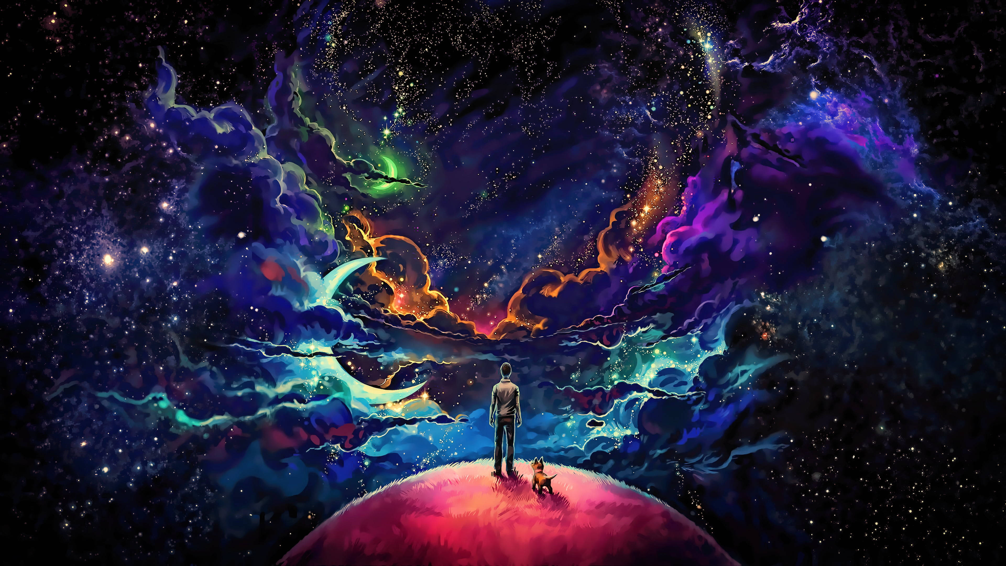 銀河 桌布 壁紙 — 一個孤獨的身影和一隻小狗站在發光的星球上，凝視著由紫色、藍色和橙色星星組成的旋轉宇宙星雲。