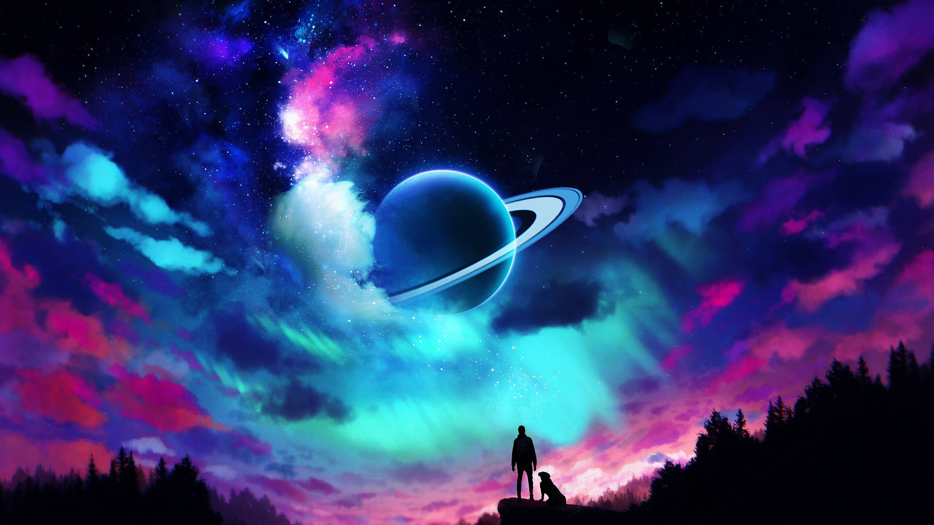 人物和狗在色彩繽紛的宇宙天空中觀看一顆發光的環狀行星。