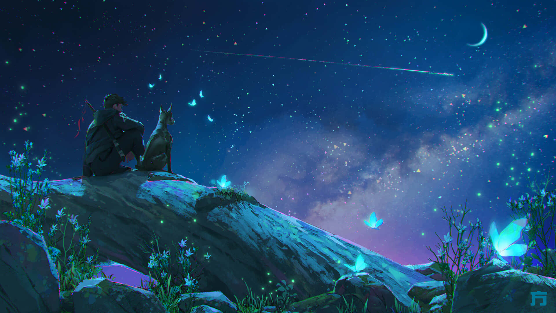動漫 桌布 壁紙 — 一個孤獨的身影和一隻狗坐在岩石山頂上，夜空繁星點點，有一彎新月和發光的蝴蝶。