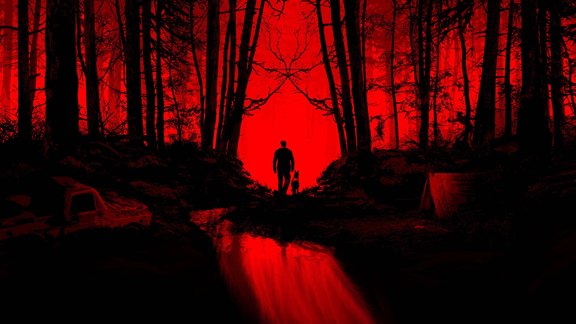 Silhouette 桌布 壁紙 — 一個孤獨的身影和一隻狗穿過一片沐浴在詭異紅光中的森林，下方有一條發光的紅色溪流。