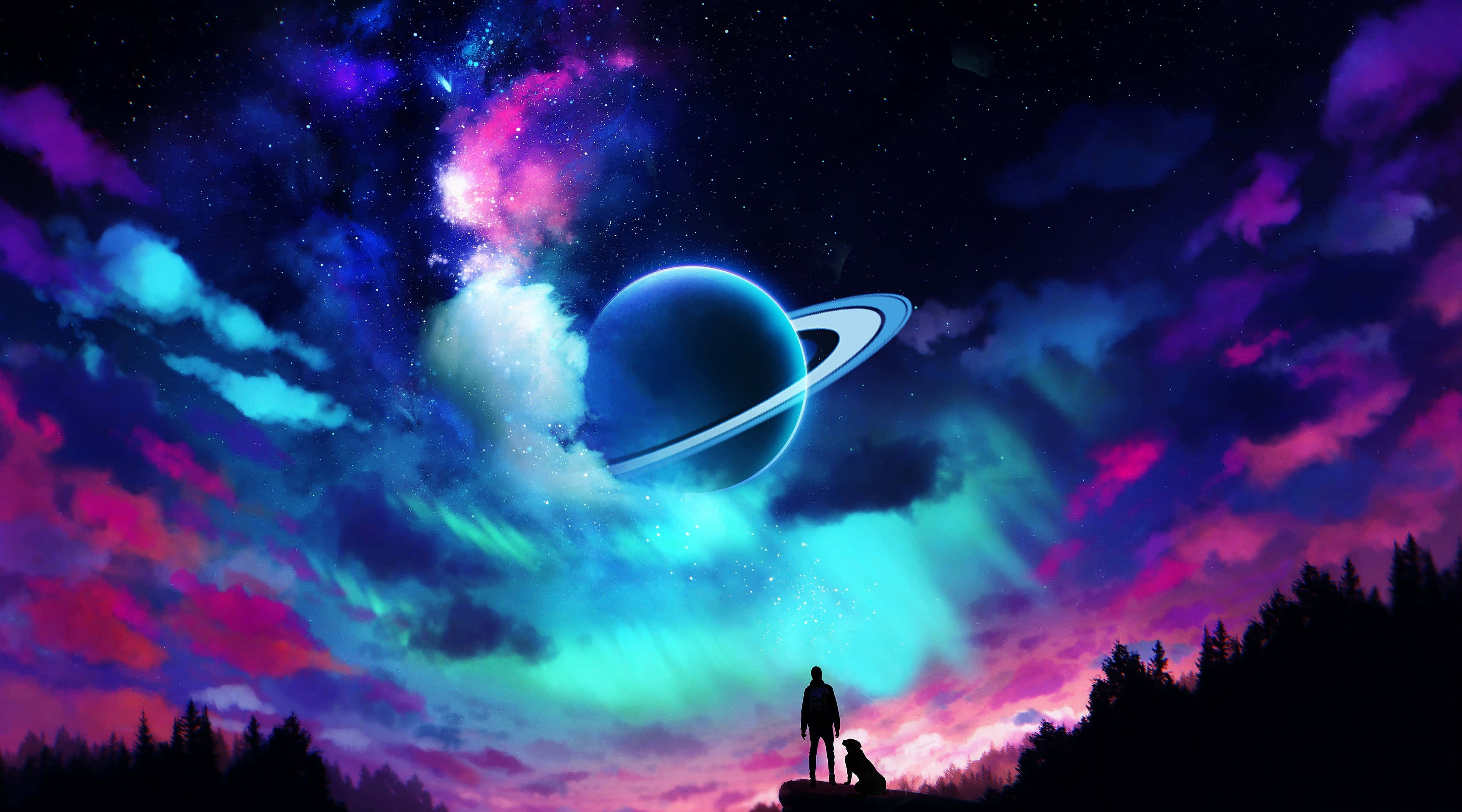 Galaxy Themed Paintings 桌布 壁紙 — 一個孤獨的身影和一隻狗站在懸崖上，看著一顆帶有光環的發光行星在宇宙天空下的森林上方升起。