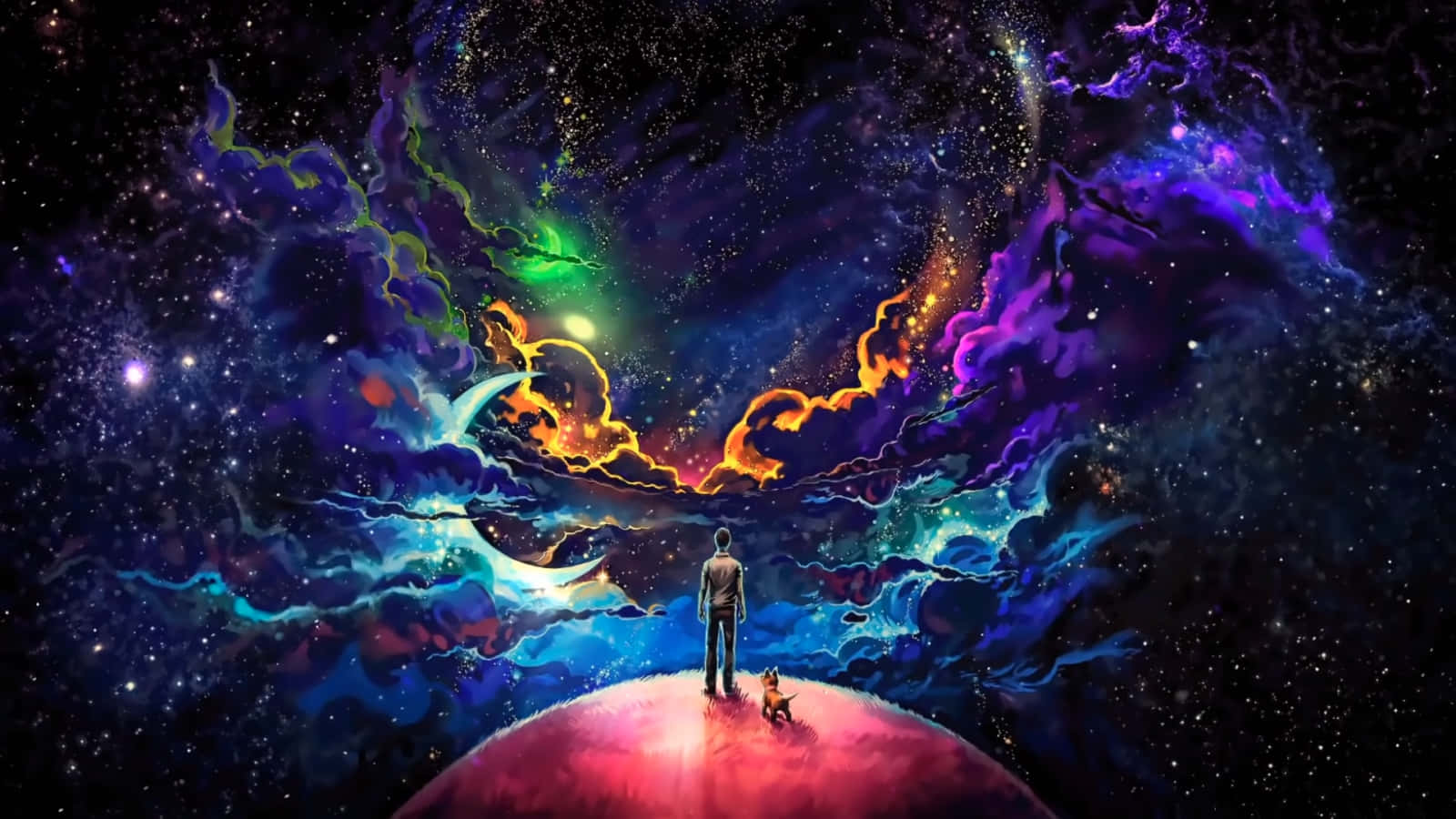 銀河 桌布 壁紙 — 一個孤獨的身影和一隻狗站在發光的行星頂端，凝視著由紫色、橙色和藍色星星組成的旋轉宇宙星雲。