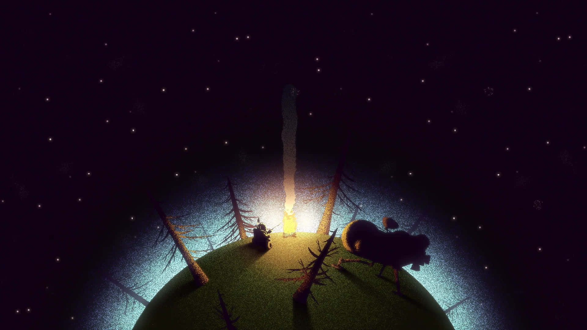 Campfire 桌布 壁紙 — 一個孤獨的身影和一隻狗站在發光的綠色星球上，在繁星點點的夜空下，看著一道明亮的光束從地平線升起。