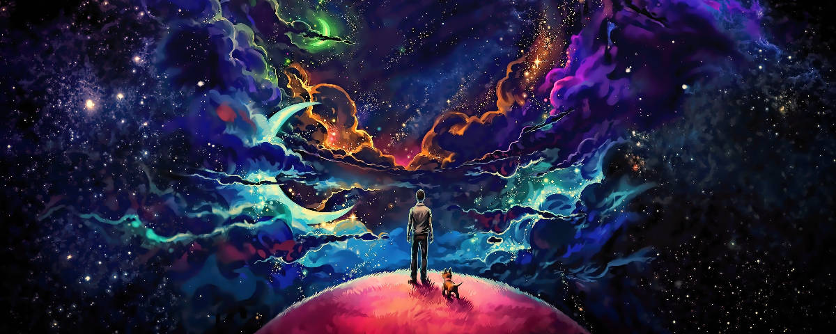 Trippy Aesthetic 桌布 壁紙 — 一個孤獨的身影和一隻狗站在發光的星球上，凝視著充滿星星和星雲的漩渦宇宙天空。