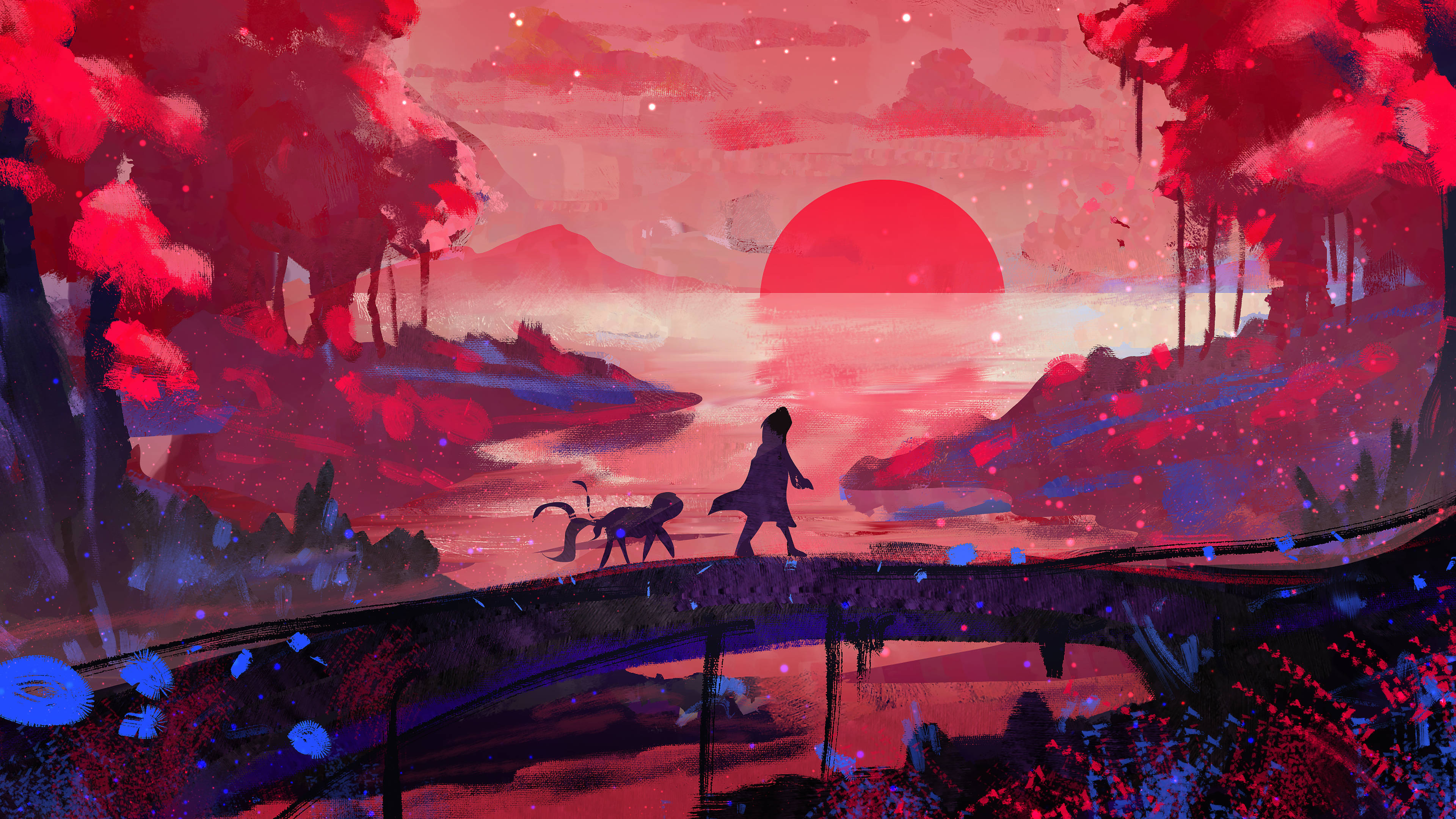 圖片 桌布 壁紙 — 一個孤獨的身影和一隻貓在熾熱的樹木和星空映襯下，走過一座橋，橋下是發光的紅太陽。