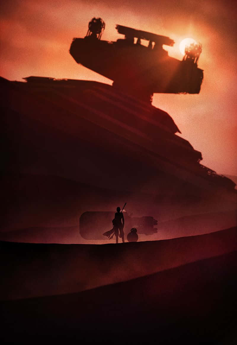 Tatooine 桌布 壁紙 — 一個孤獨的身影和機器人站在一艘巨大星艦的剪影前，背景是發光的橙色日落天空。