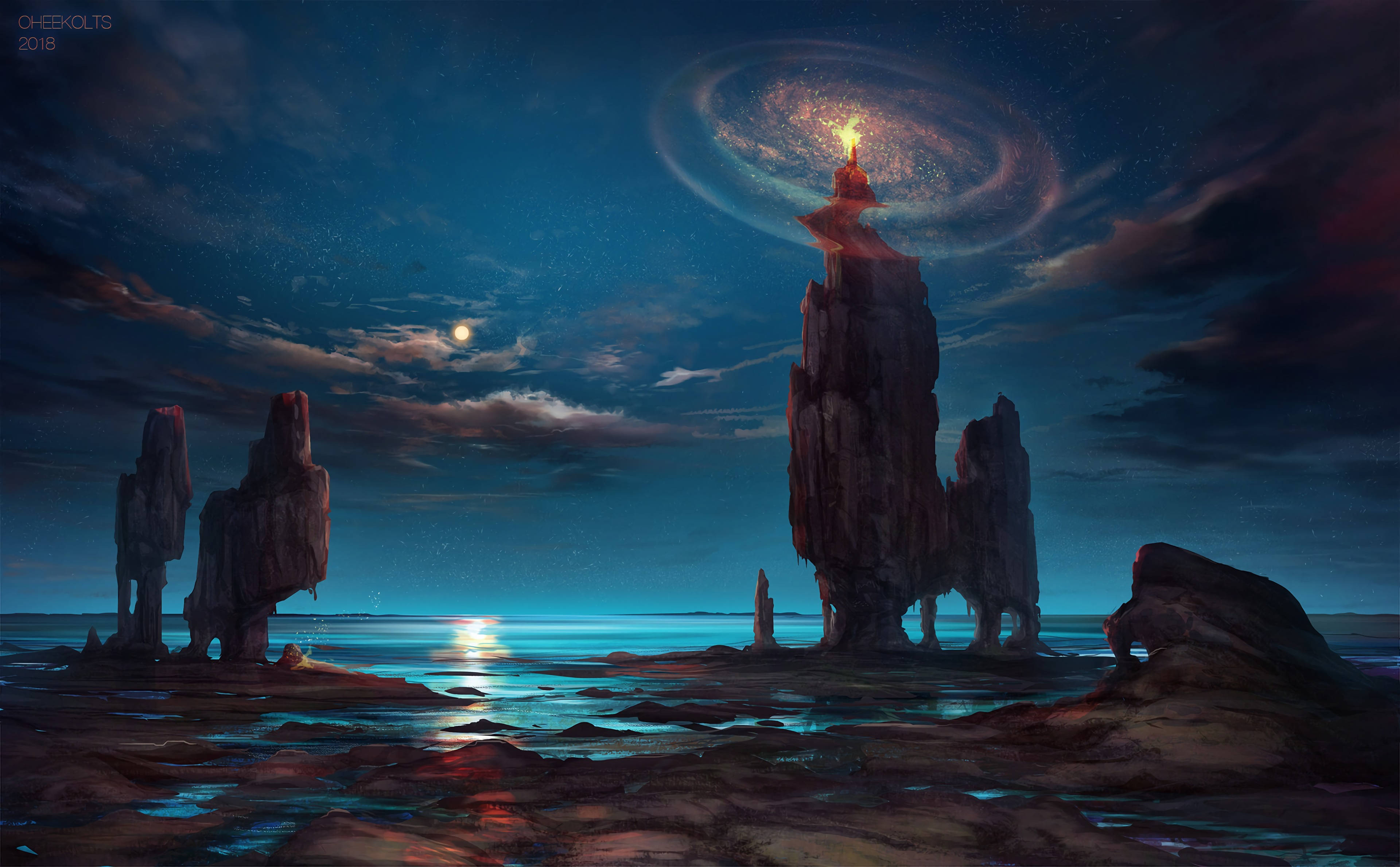 魔法動圖 桌布 壁紙 — 一個孤獨的身影在 towering 岩石柱頂端凝視著 swirling 星系，上方是星光閃爍的夜海和一輪發光的月亮。