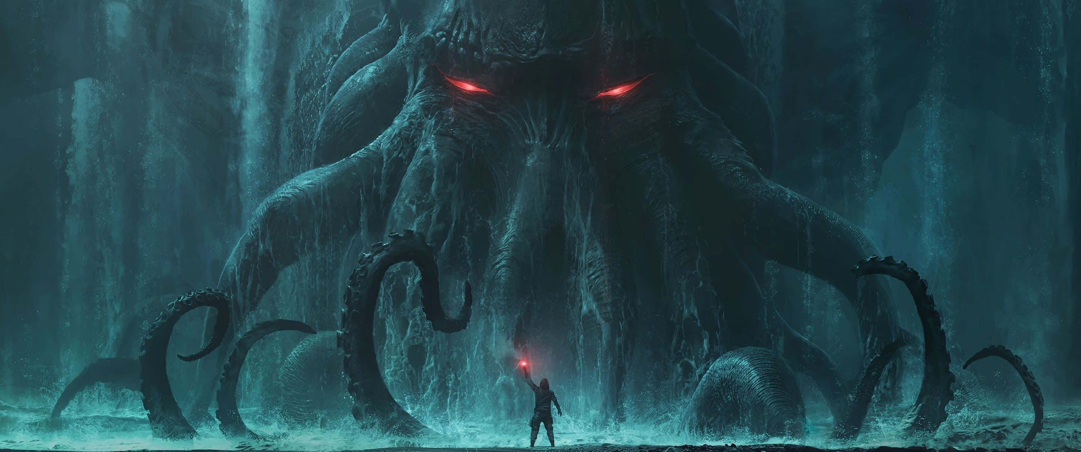 video games 桌布 壁紙 — 一個孤獨的身影在一個洞穴般的、青綠色照明的深淵中，手持火炬面對一個擁有發光紅眼的巨大觸手怪物。
