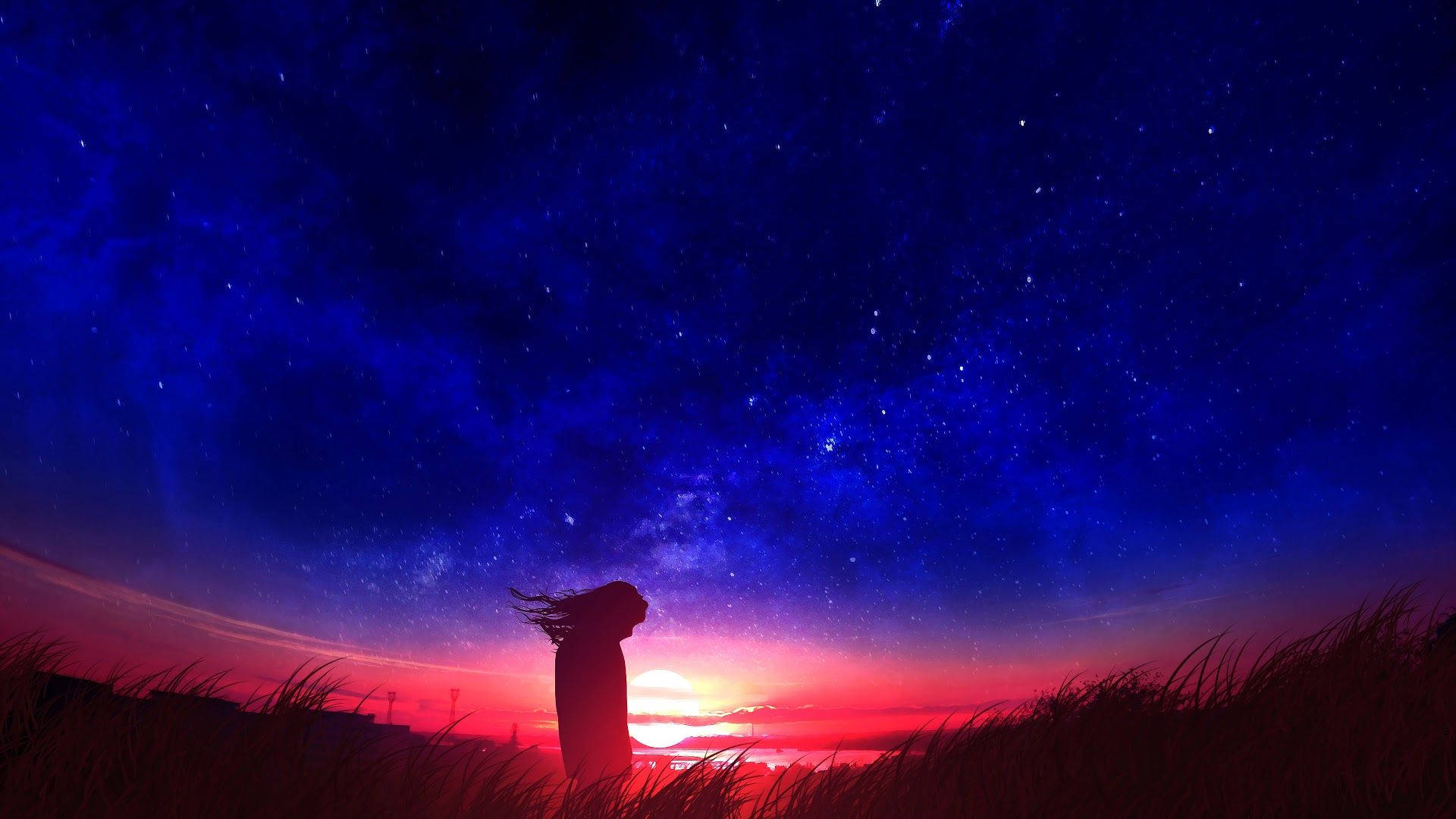 夜空 桌布 壁紙 — 一個孤獨的身影在充滿星星和宇宙色彩的鮮豔暮色天空下呈現剪影。