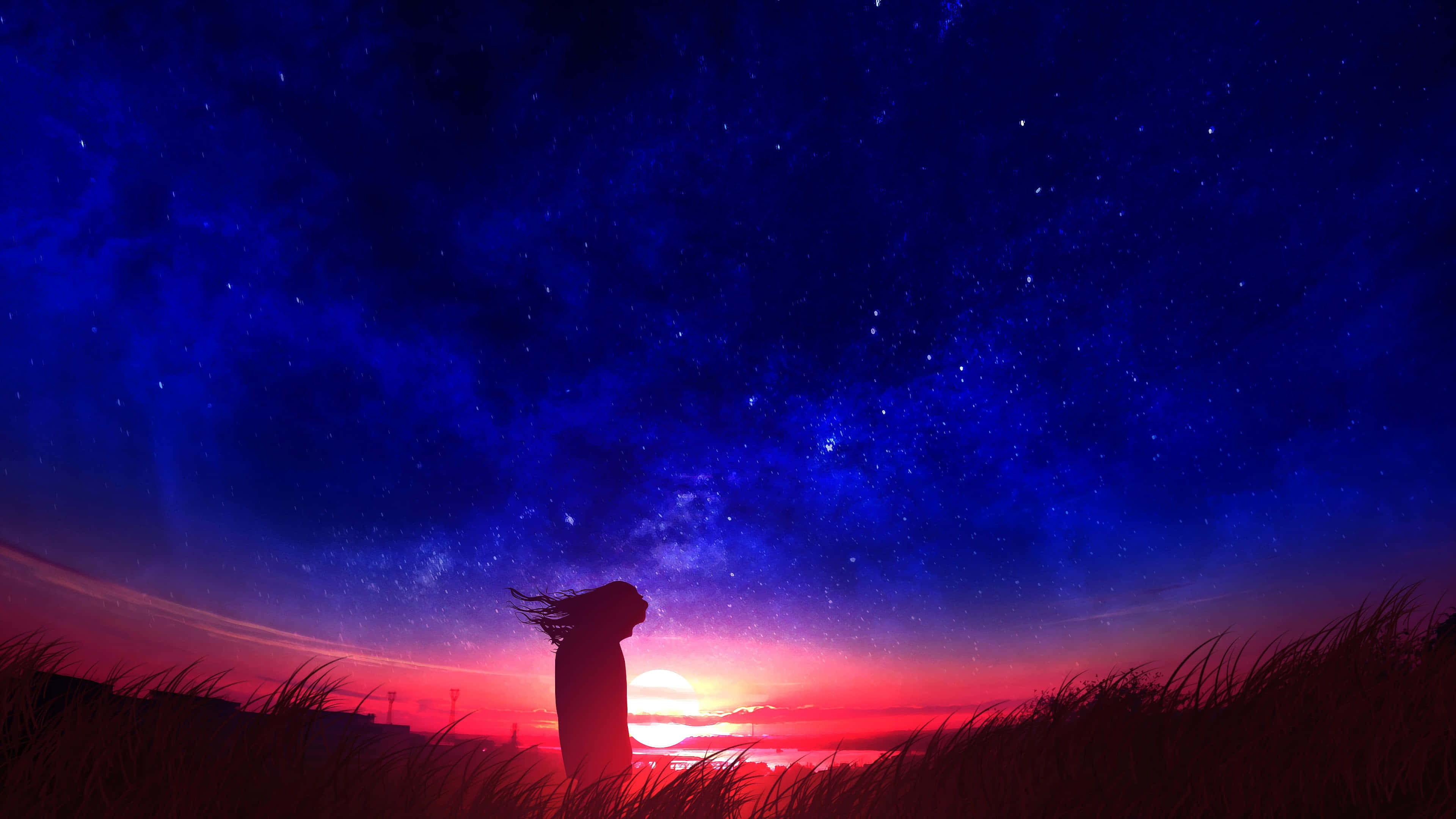 美學 桌布 壁紙 — 一個孤獨的身影在充滿星星和宇宙色彩的 vibrant 日落天空下形成剪影。