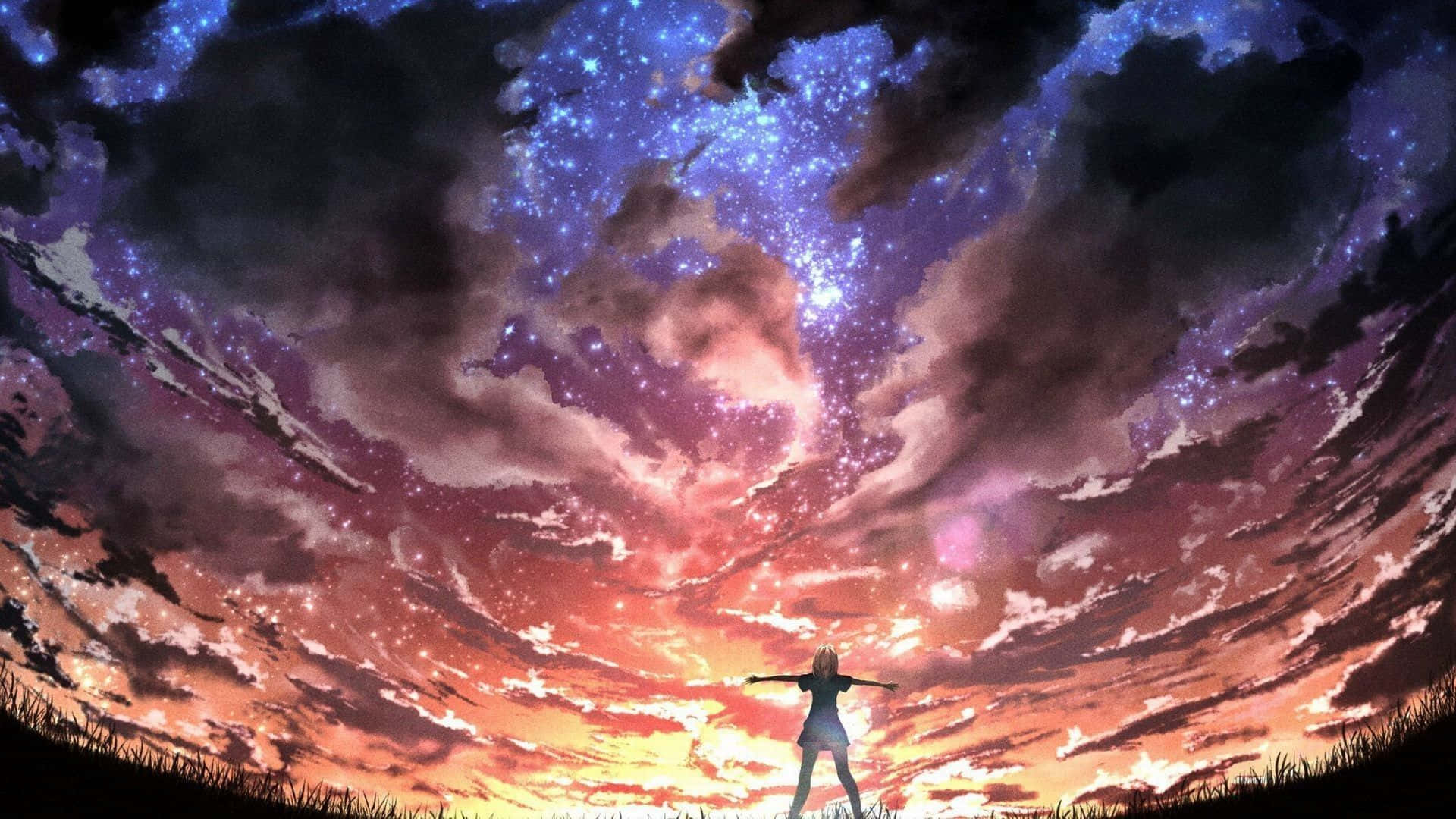 Fantasy Anime 桌布 壁紙 — 一個孤獨的身影在充滿星星和彩色雲朵的 vibrant 宇宙天空下張開雙臂站立。