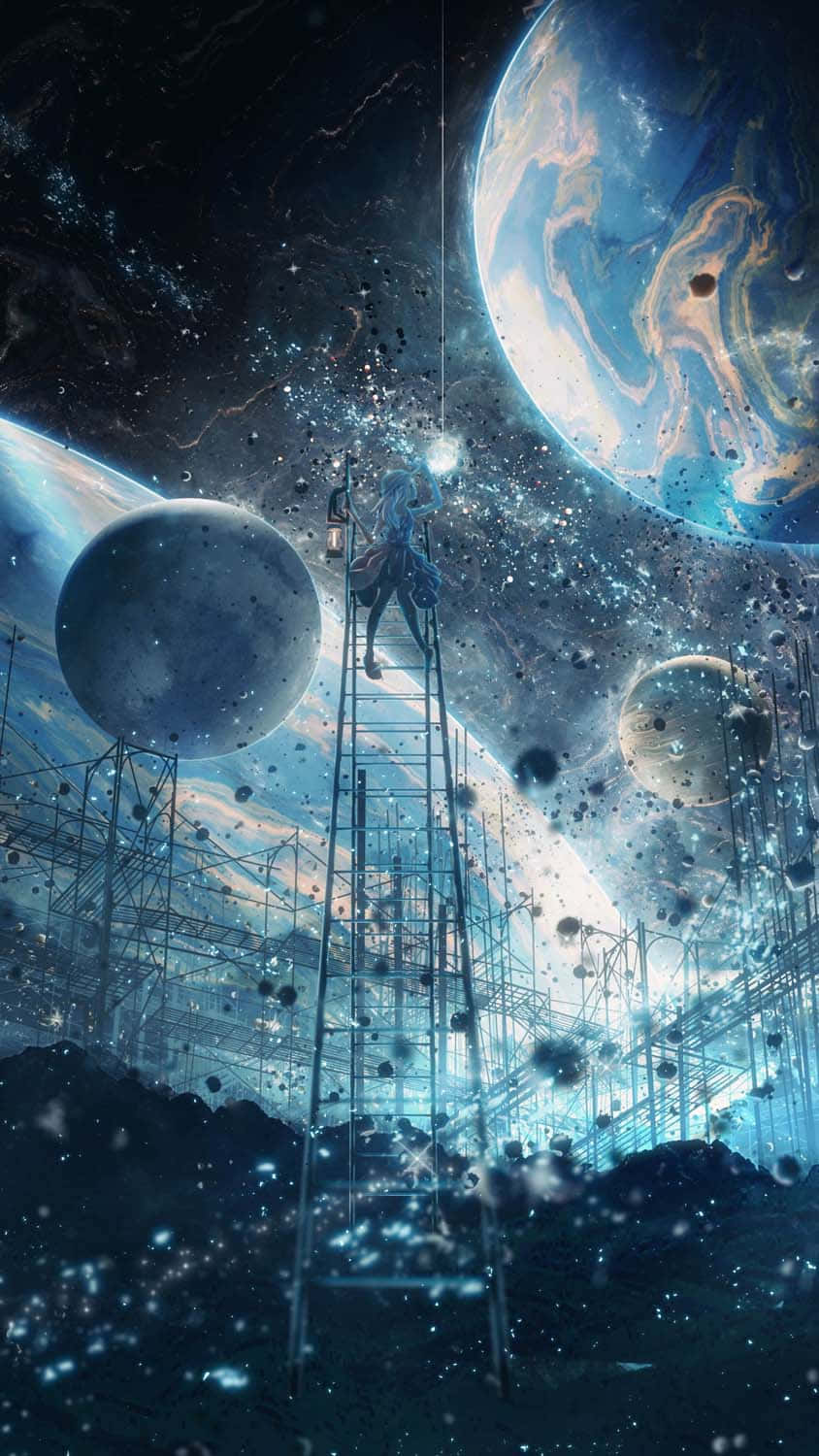 銀河 桌布 壁紙 — 一個孤獨的身影在充滿浮動結構和天體的宇宙景觀中，沿著梯子爬向一顆發光的行星。