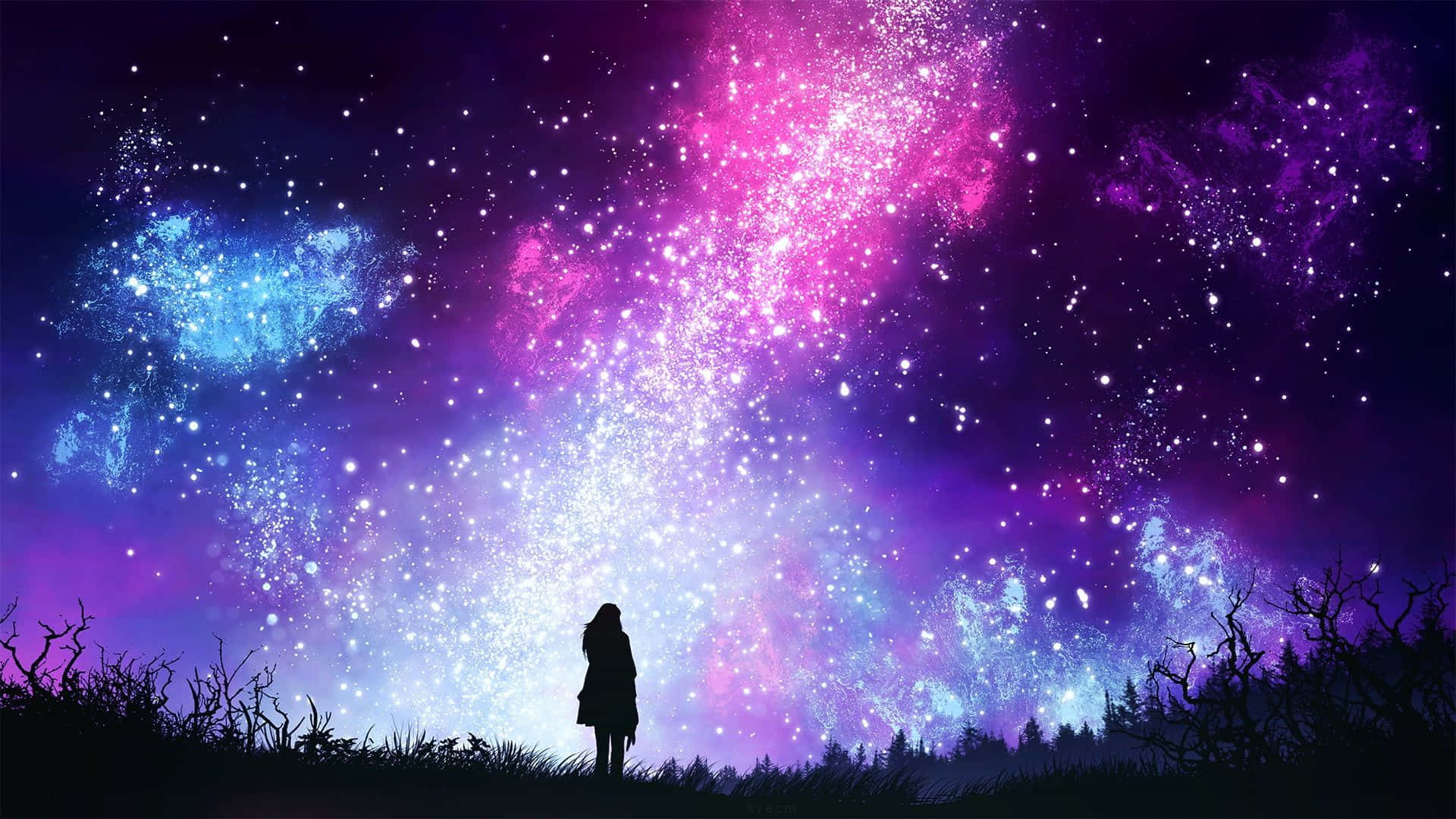 銀河 桌布 壁紙 — 一個孤獨的身影在充滿粉紅色、紫色和藍色星雲以及閃爍星星的 vibrant 宇宙天空下以剪影站立。
