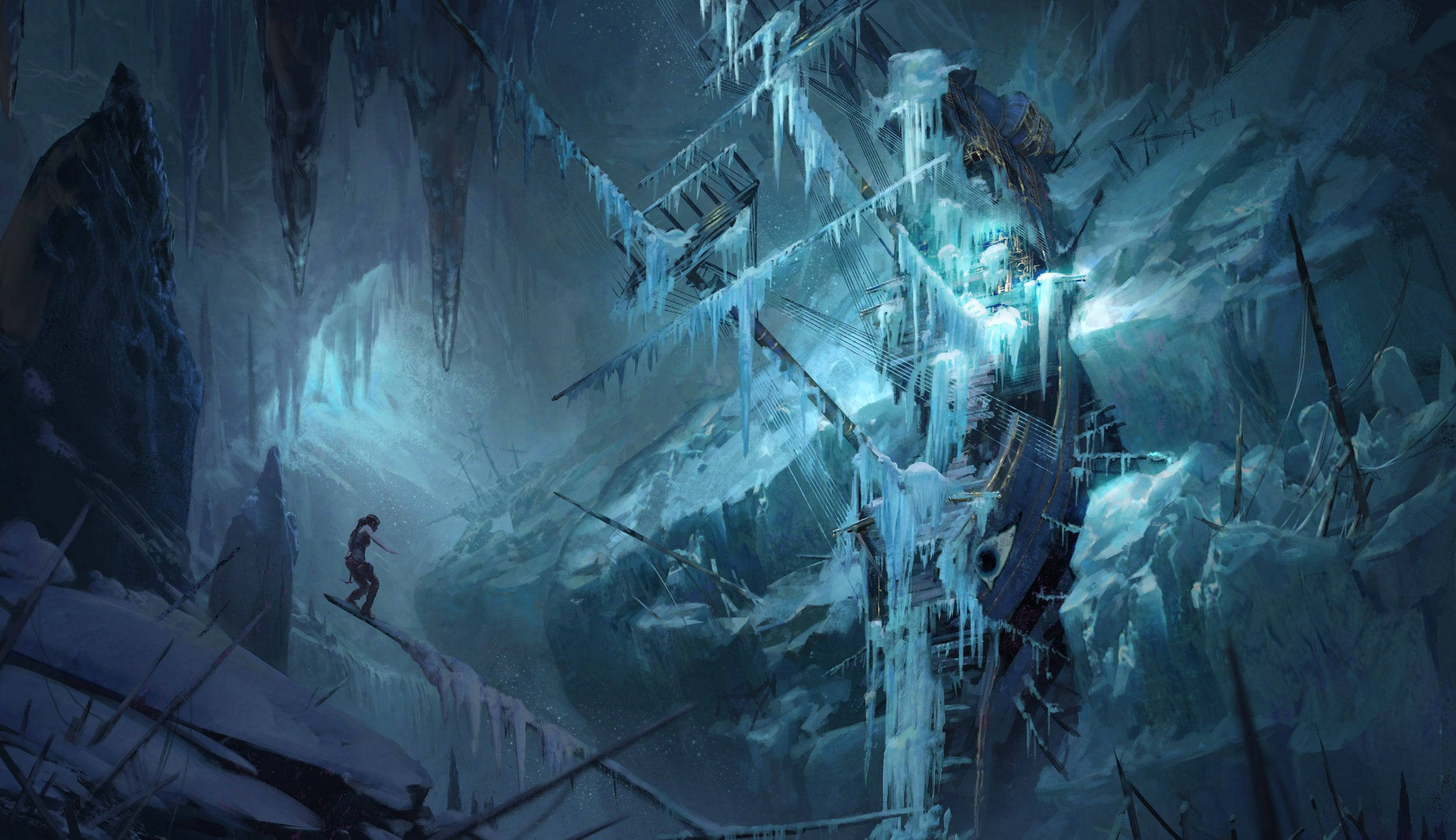 Rise Of The Tomb Raider 桌布 壁紙 — 一個孤獨的身影在冰凍、發光的沉船下攀爬冰崖，身處一個洞穴般的、藍色燈光的冬季仙境。
