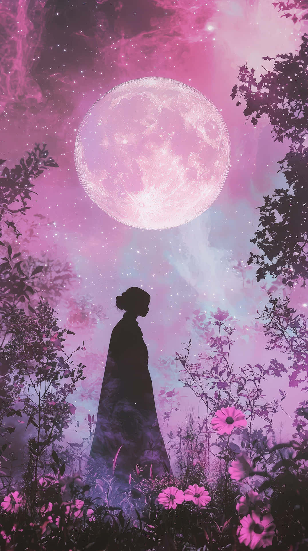Cosmic Violet Dreamscape with Glowing Ethereal Light and Deep Space Aesthetic 壁紙 — 一個孤獨的身影在剪影中站在發光的粉紅色花朵中，在一個巨大的發光月亮下，在夢幻般的宇宙花園中。