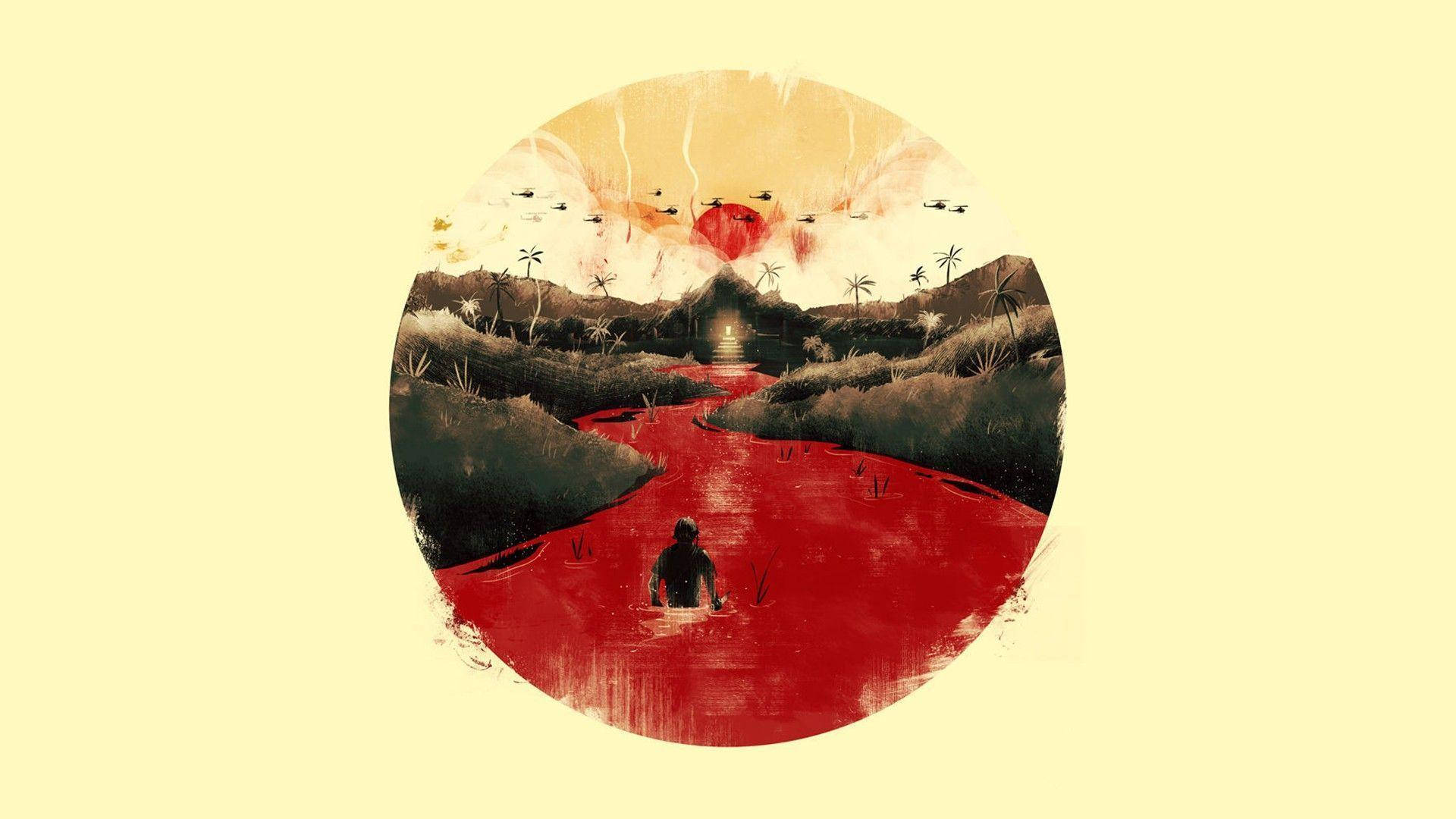 高清 桌布 壁紙 — 一個孤獨的身影在夕陽下涉過一條鮮紅色的河流，呈現於風格化的圓形插圖中。