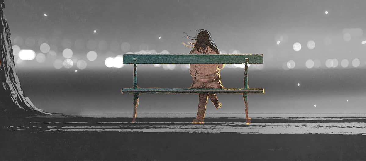 Lonely 桌布 壁紙 — 一個孤獨的身影在夜晚坐在一張風化的長椅上，頭髮飄動，城市燈光在他們身後模糊成散景。