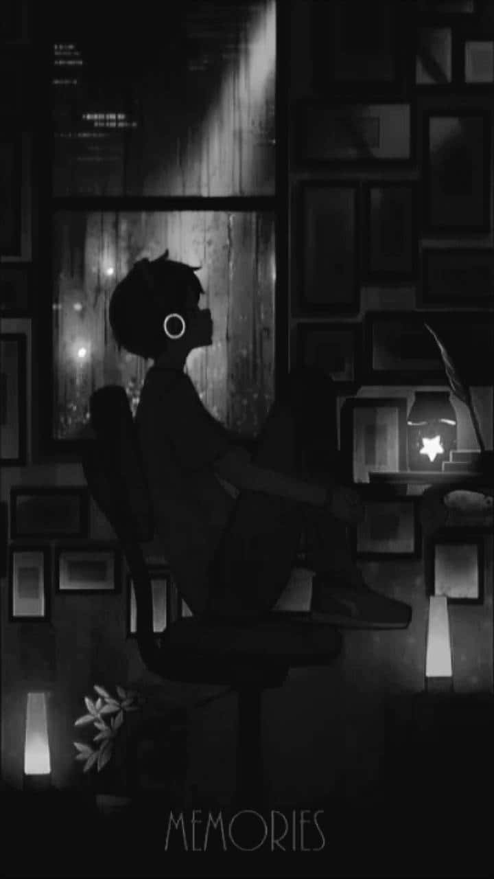 Chill Anime Phone 桌布 壁紙 — 一個孤獨的身影在夜晚坐在窗邊，沐浴在柔和的光線中，被寧靜房間內裝裱的回憶所包圍。