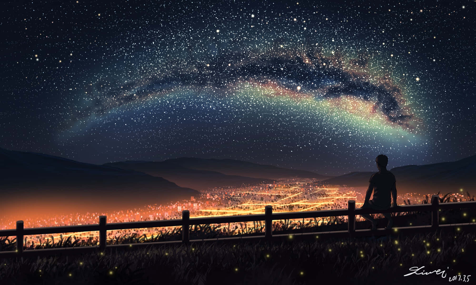 動漫 桌布 壁紙 — 一個孤獨的身影在夜晚坐在籬笆上，凝視著一條充滿活力的銀河，拱形橫跨在山巒中發光的城市上空。