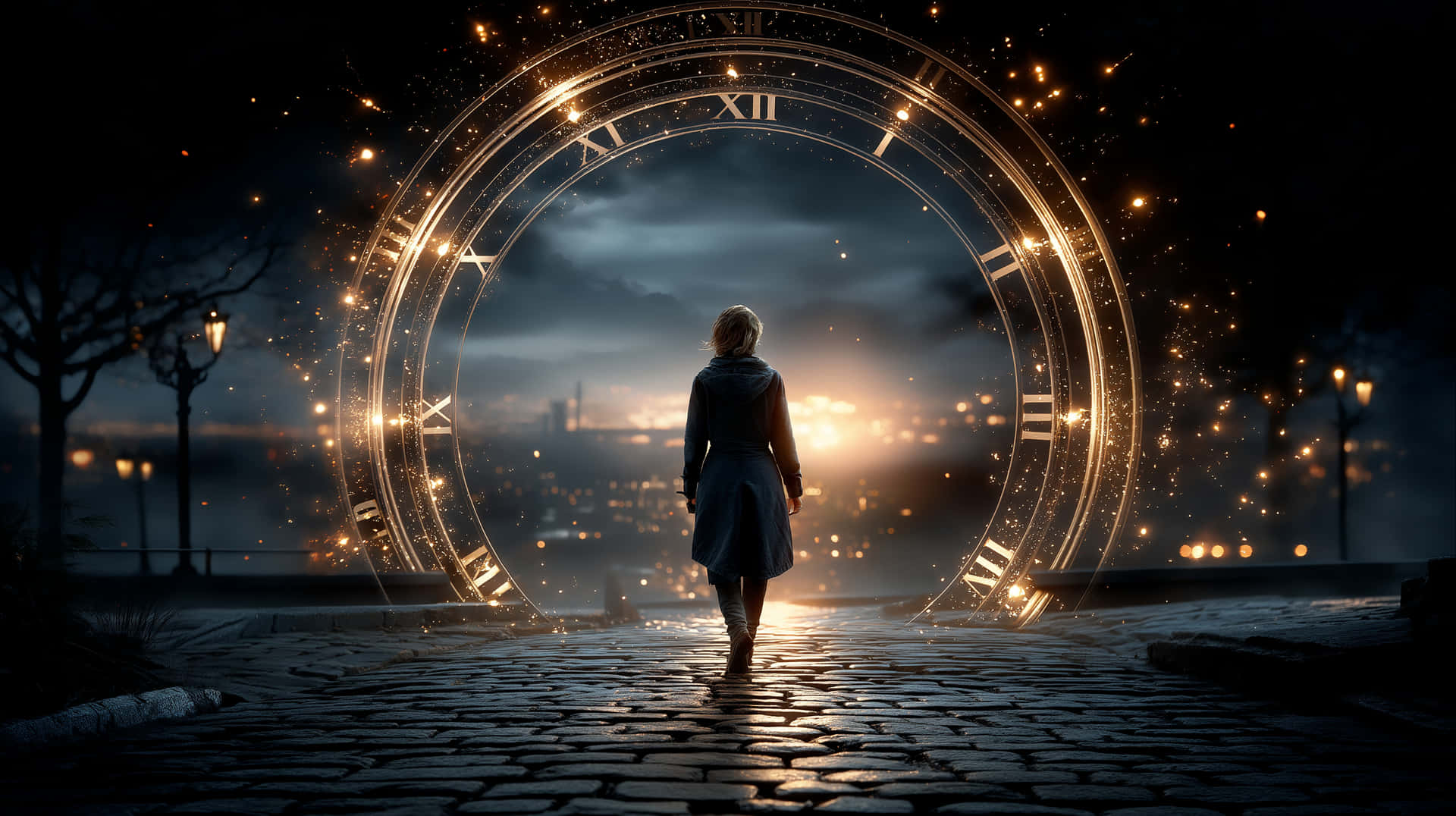 Woman Approaching Luminous Time Portal on Cobblestone Path 壁紙 — 一個孤獨的身影在夜晚沿著鵝卵石小徑走向一個發光的羅馬數字時鐘拱門，周圍閃爍著燈光。