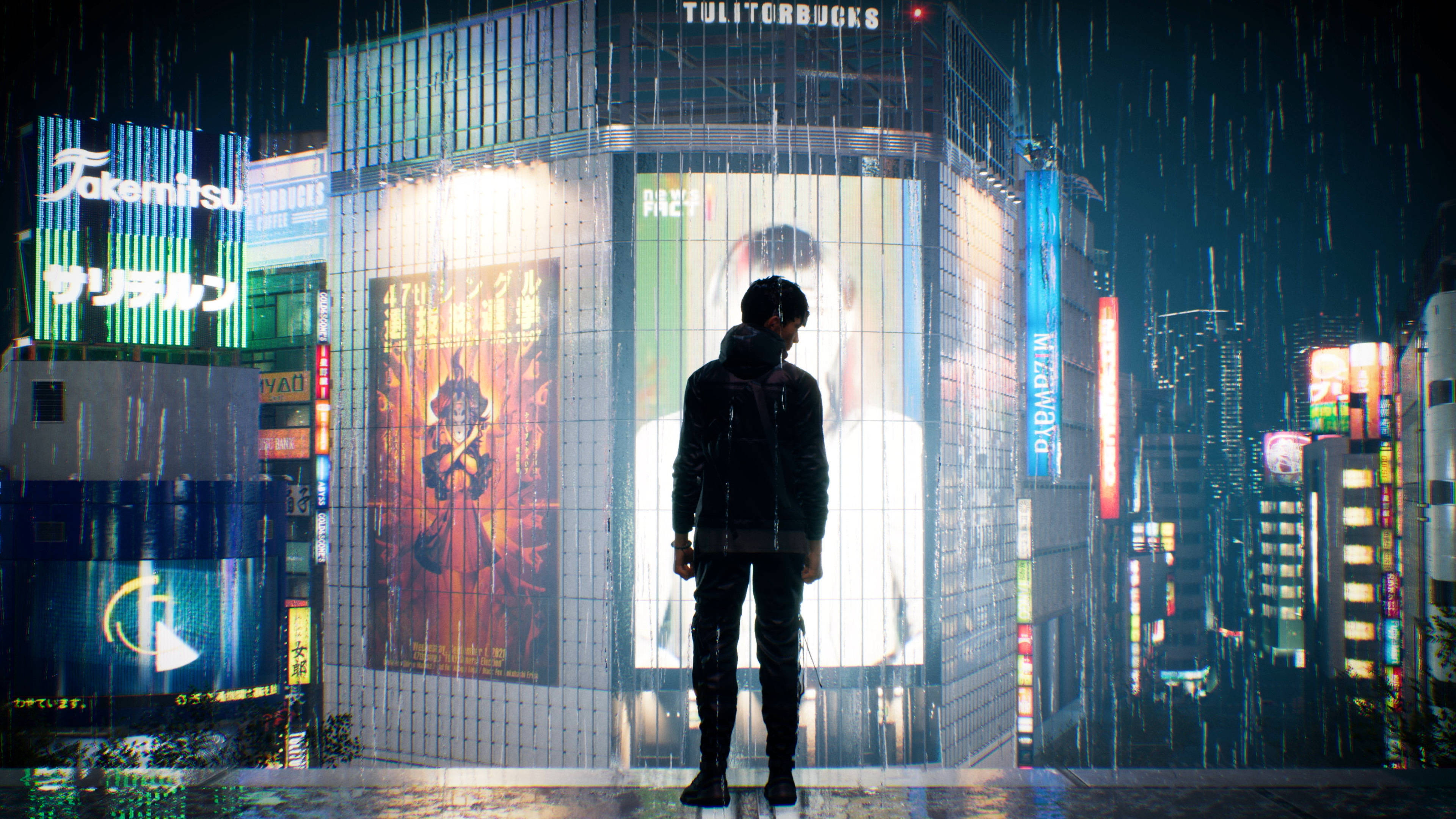 Ghostwire Tokyo 桌布 壁紙 — 一個孤獨的身影在夜晚的未來東京街頭，站在發光的霓虹燈招牌下淋雨。