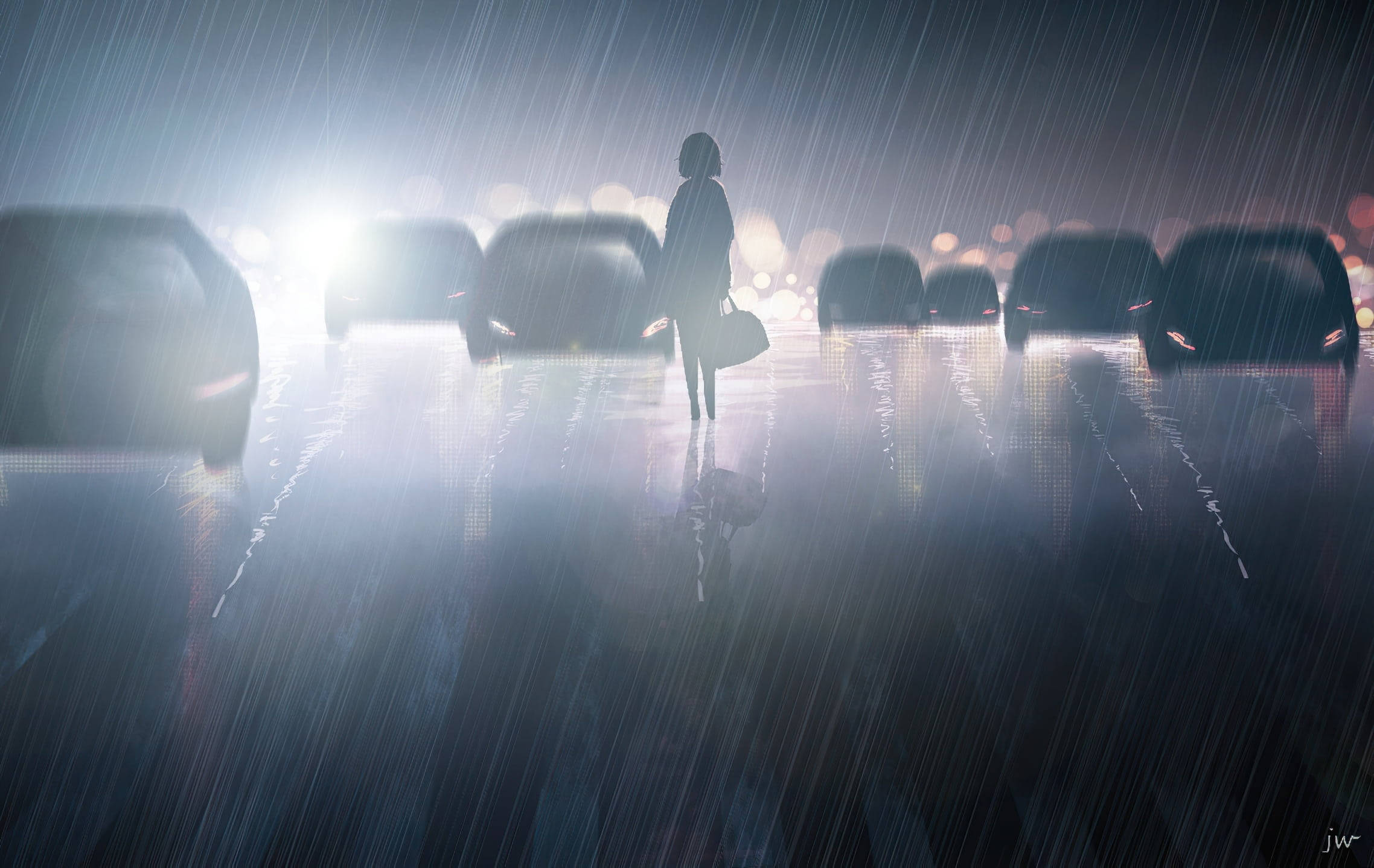 aesthetic sad anime girl 桌布 壁紙 — 一個孤獨的身影在夜晚的濕漉漉城市街道上，穿過大雨，周圍是模糊的汽車頭燈。
