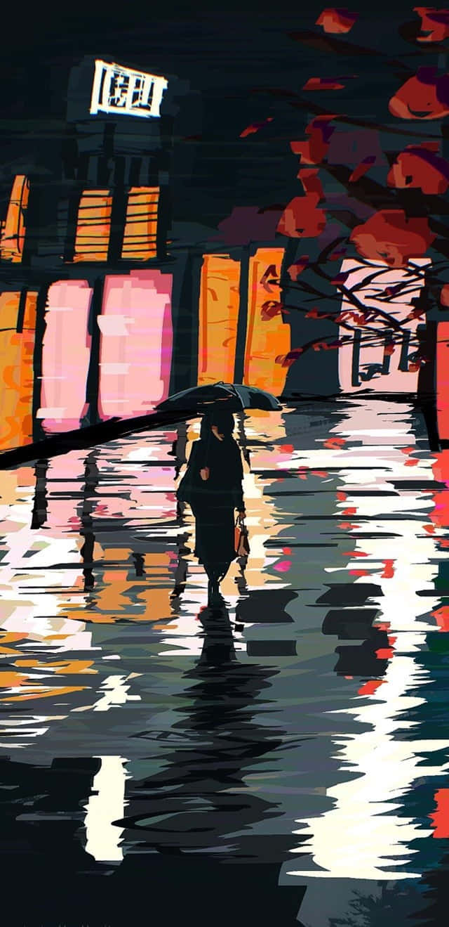 Disparate 桌布 壁紙 — 一個孤獨的身影在夜晚的雨中城市街道上行走，在霓虹燈下撐著雨傘。