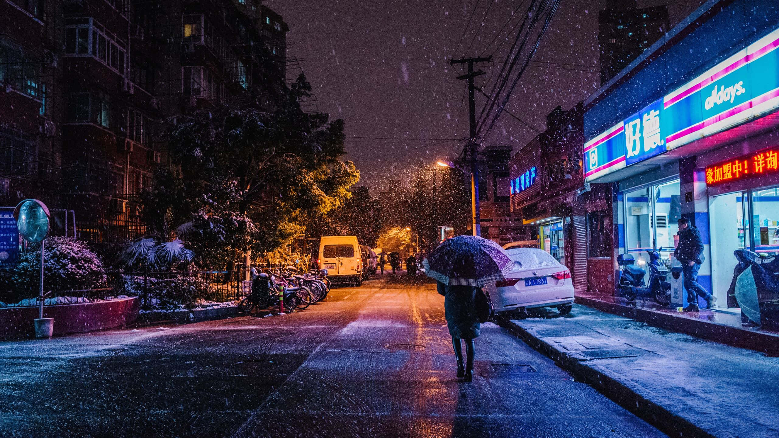 1440p Travel 桌布 壁紙 — 一個孤獨的身影在夜晚的雪城市街道上行走，在發光的霓虹燈招牌和街燈下撐著雨傘。