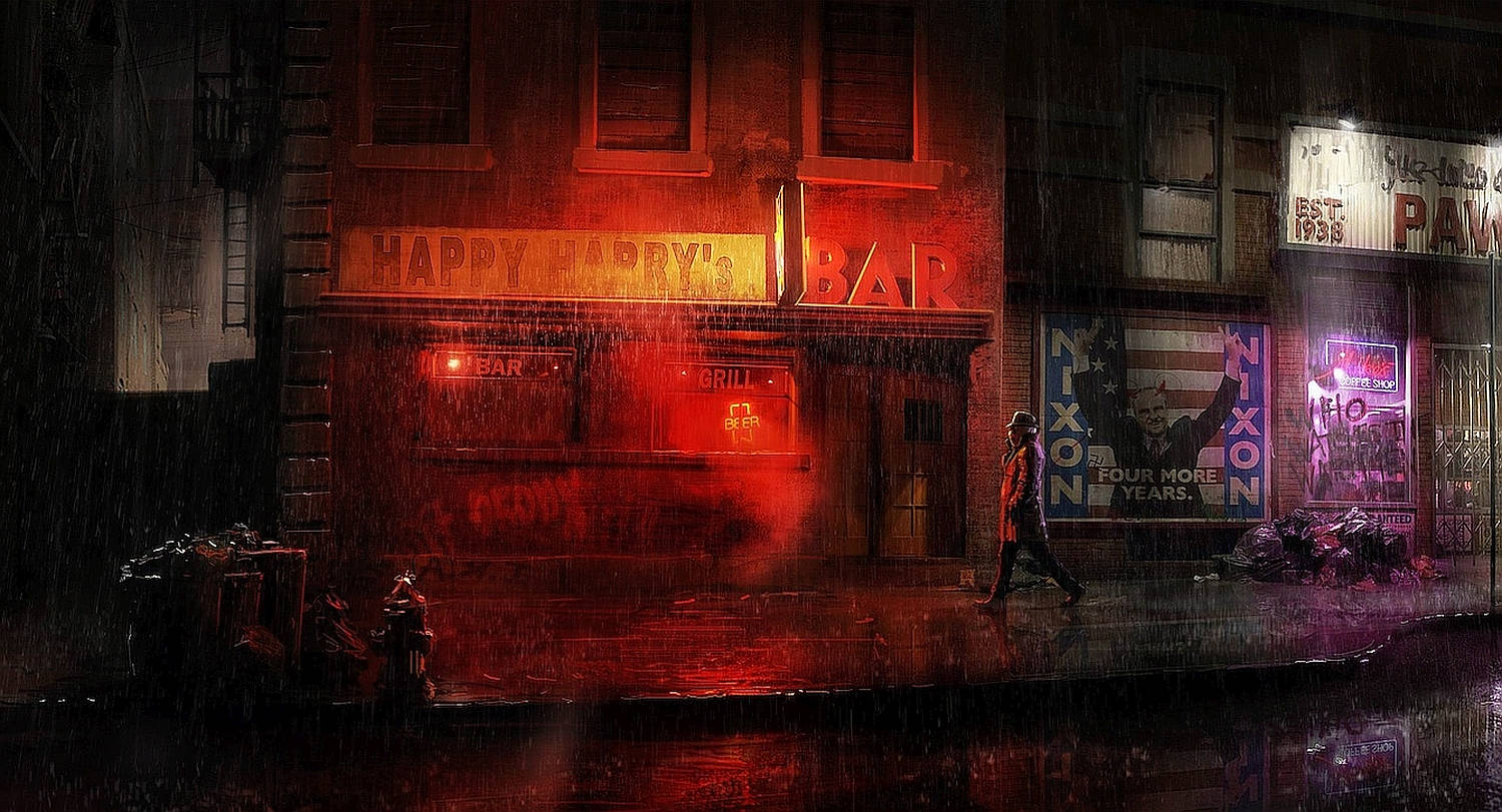 Watchmen 桌布 壁紙 — 一個孤獨的身影在夜晚的霓虹燈城市街道上冒著大雨行走，經過一間發光的紅色酒吧，上面有復古政治海報。