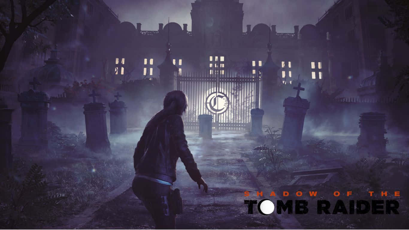 video games 桌布 壁紙 — 一個孤獨的身影在夜晚穿過霧氣瀰漫的墓地，走向一座陰森大宅的發光大門。