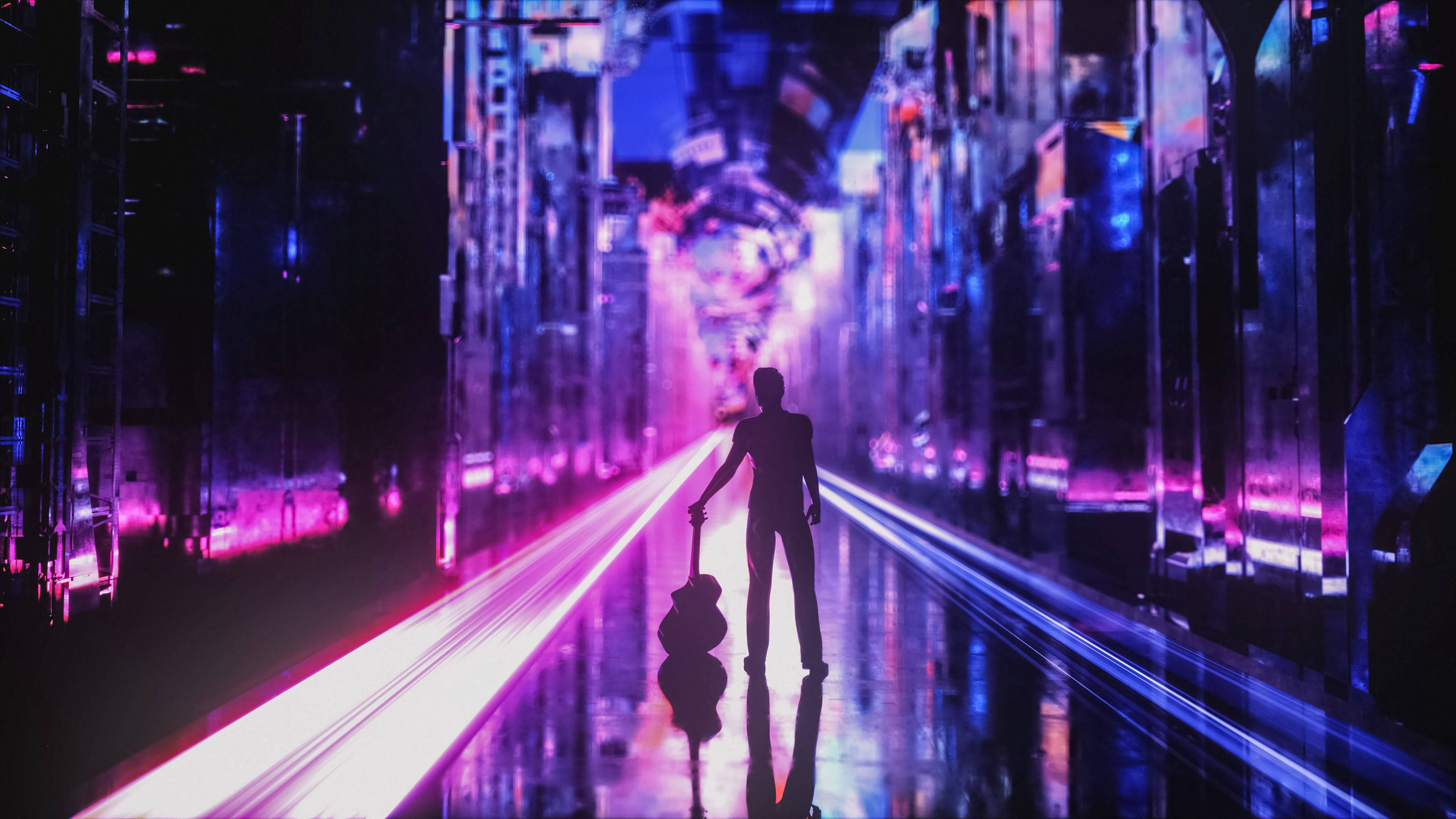 霓虹城市動態圖 桌布 壁紙 — 一個孤獨的身影在夜晚走在一條充滿霓虹燈的未來主義城市街道上，手持吉他，發光的條紋反射在濕漉漉的路面上。