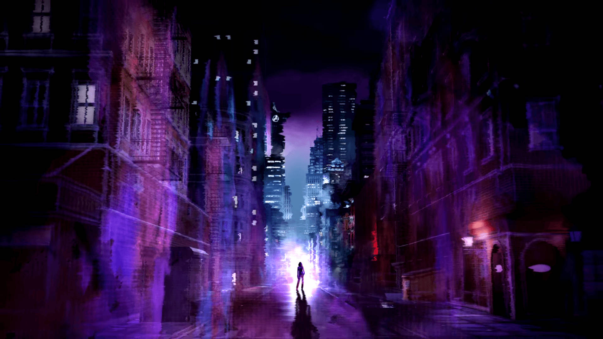 Entertainment 桌布 壁紙 — 一個孤獨的身影在夜晚走在一條被霓虹燈浸透、雨水浸濕的城市小巷中，高聳的建築物閃耀著紫色和藍色。