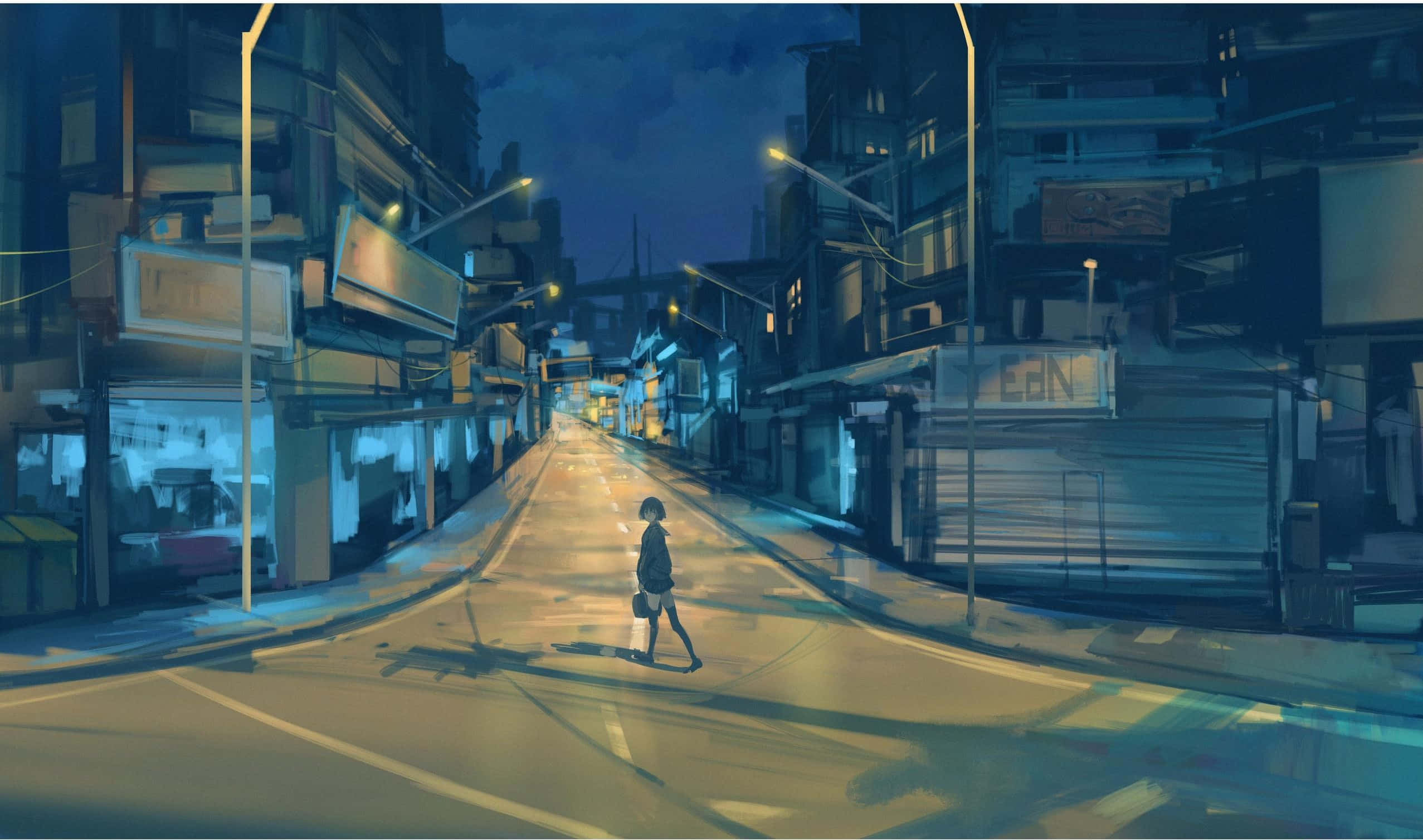 動漫女孩 桌布 壁紙 — 一個孤獨的身影在夜晚走在一條霓虹燈照亮的城市小巷中，沐浴在冷藍色和暖黃色的街燈下。