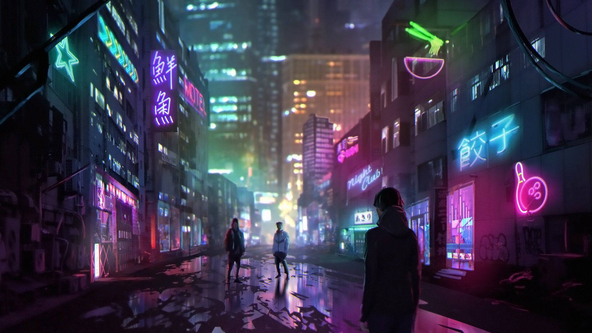 電馭叛客2077 桌布 壁紙 — 一個孤獨的身影在夜晚走在被雨水浸濕、霓虹燈閃爍的城市街道上，發光的招牌倒映在潮濕的路面上。
