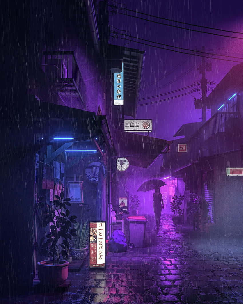 Signs 桌布 壁紙 — 一個孤獨的身影在夜晚走過一條被霓虹燈浸透的雨巷，紫色的燈光反射在濕漉漉的鵝卵石上。