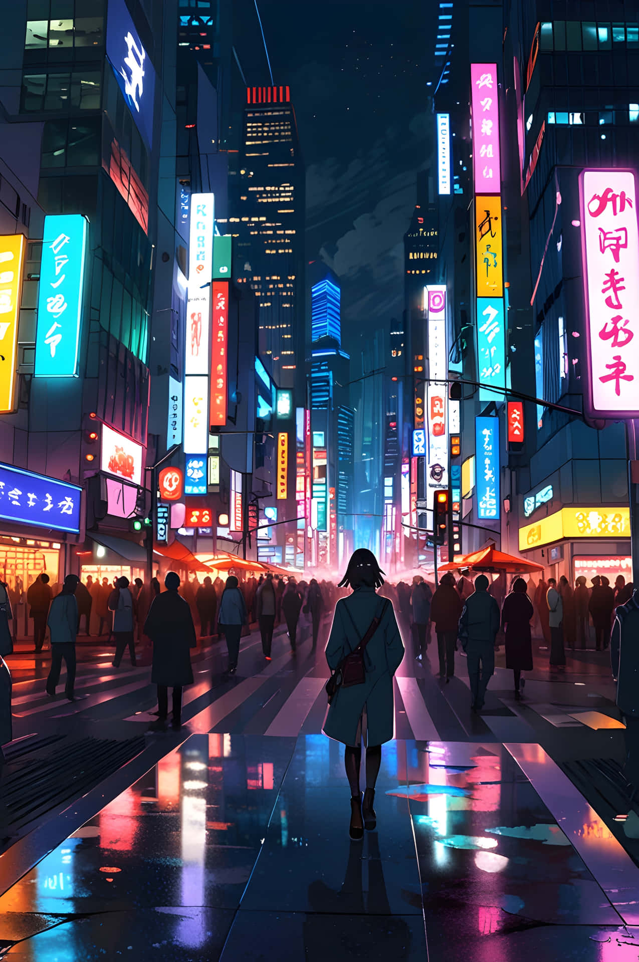 一個人在夜晚獨自走在濕漉漉的城市街道上，下方是發光的霓虹招牌和高聳的建築物。 — 賽博龐克 壁紙
