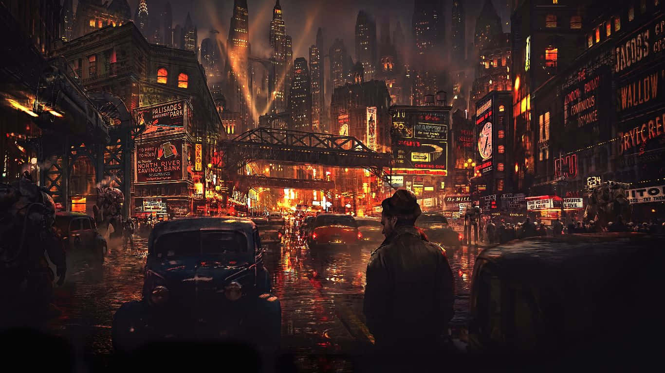 Travelling 桌布 壁紙 — 一個孤獨的身影在夜晚走過被雨水浸濕、霓虹燈閃爍的城市街道，高聳的摩天大樓和發光的廣告牌在潮濕的路面上反射出倒影。