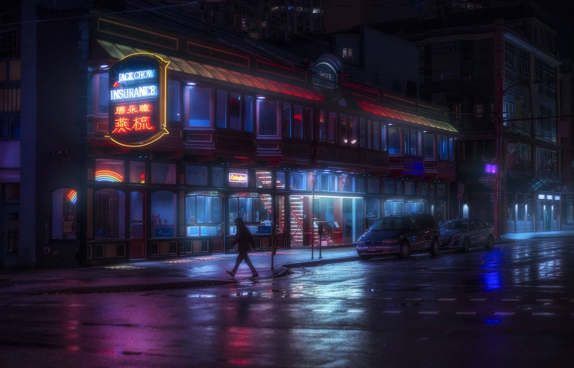 唐人街 桌布 壁紙 — 一個孤獨的身影在夜晚走過被雨水浸濕的城市街道，被映照在濕漉漉路面上的鮮豔霓虹招牌照亮。