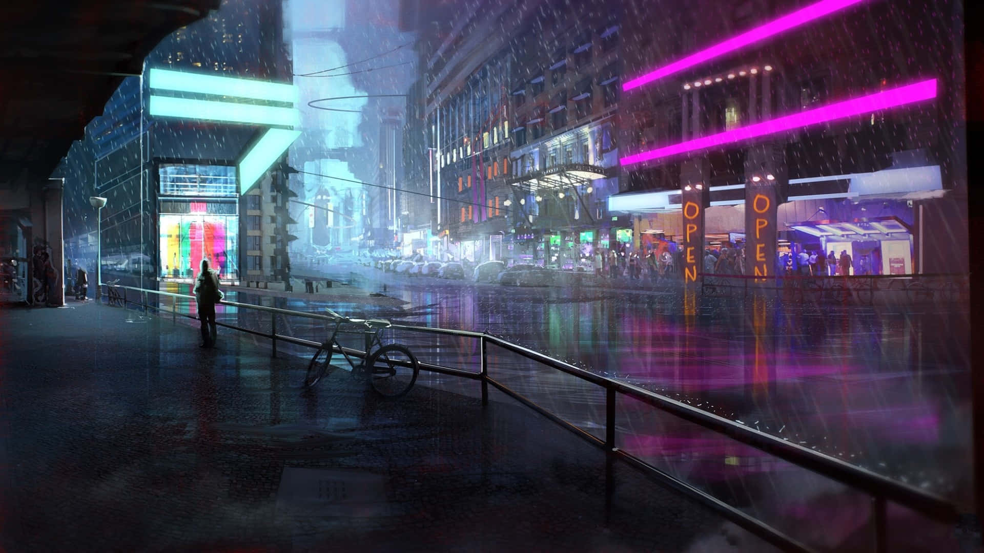 桌布 壁紙 — 一個孤獨的身影在夜晚走過被雨水浸濕、霓虹燈閃爍的城市街道，發光的招牌在濕漉漉的人行道上反射。