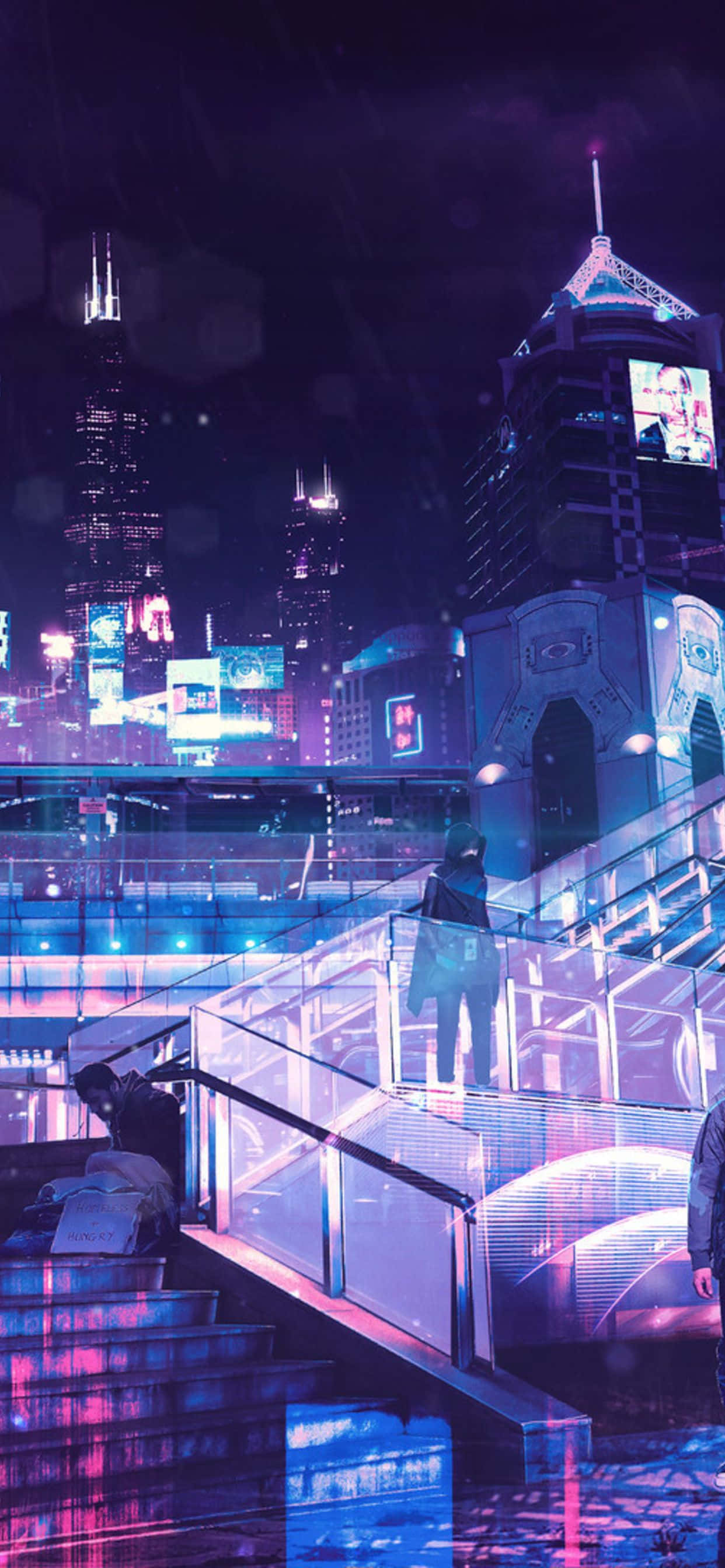 iPhone Neon 桌布 壁紙 — 一個孤獨的身影在夜晚霓虹燈閃爍的未來城市天際線下，行走在發光的玻璃橋上。