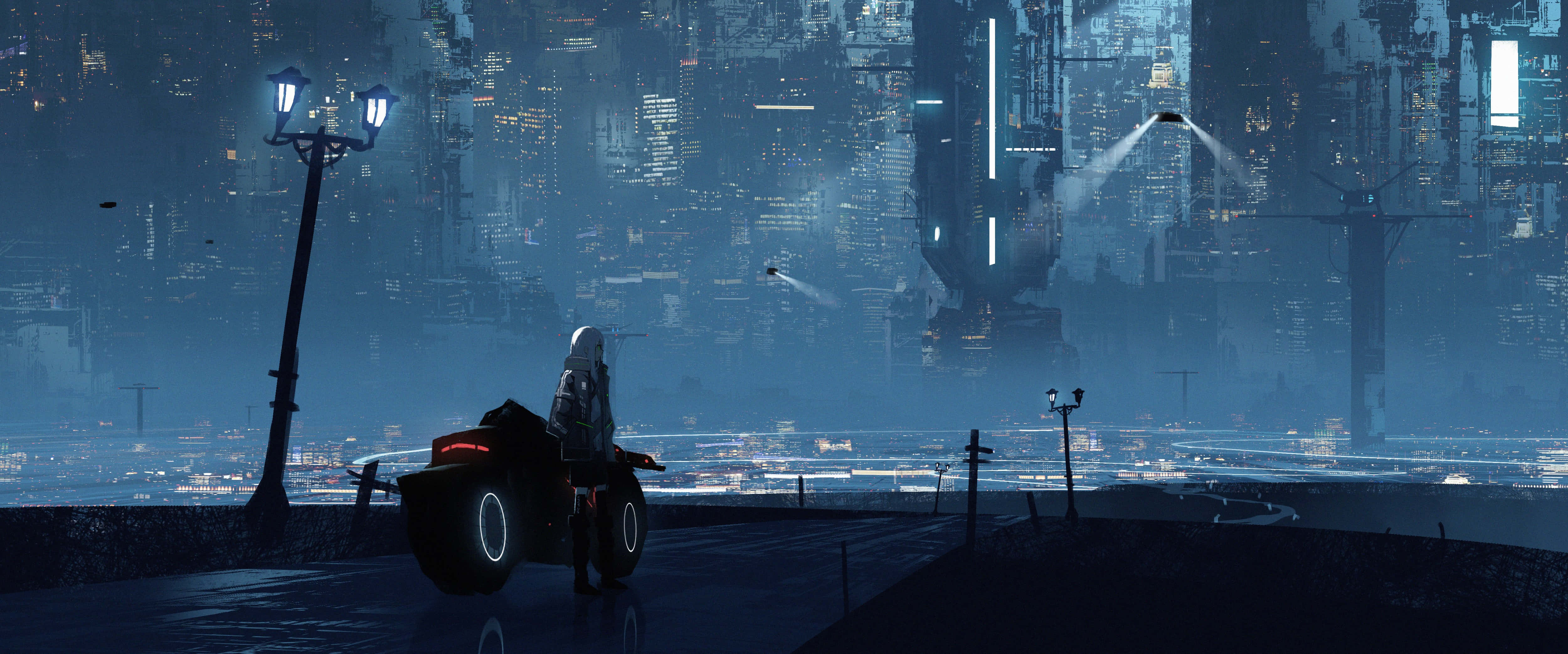 Dark Cyberpunk 桌布 壁紙 — 一個孤獨的身影在夜晚騎著未來風格的機車，穿過霓虹燈閃爍的賽博龐克城市景觀。