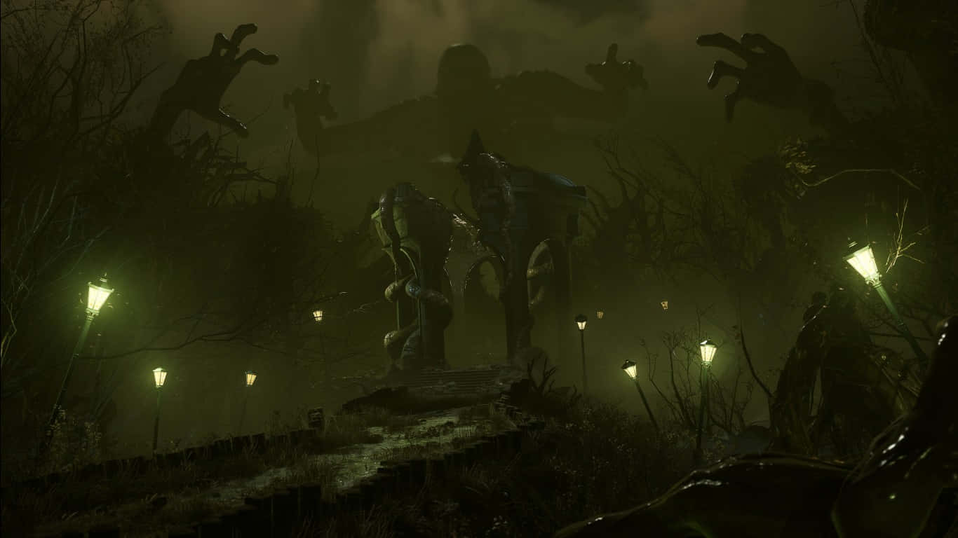 1366x768 Dragon Age Inquisition 桌布 壁紙 — 一個孤獨的身影在夜間行走於迷霧小徑，周圍環繞著逼近的殭屍手和發光的燈籠，呈現恐怖遊戲場景。