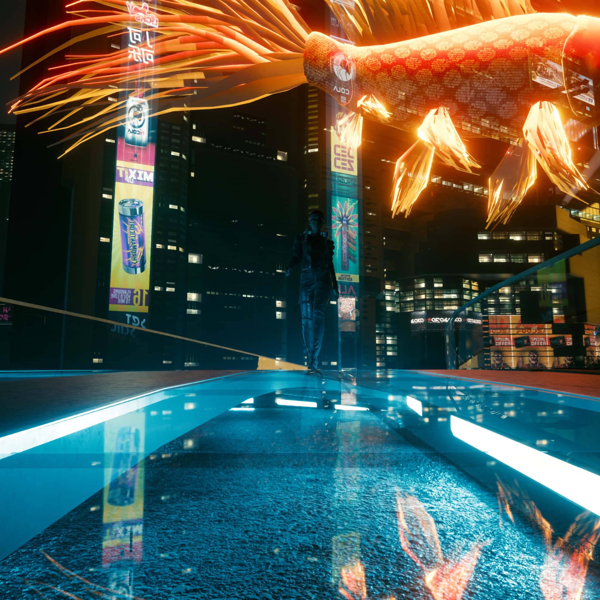 Cyberpunk Night City 桌布 壁紙 — 一個孤獨的身影在夜間霓虹燈照亮城市景觀中，在一條巨大的火橙色 cyberpunk 魚下方，走在一條發光的藍色橋上。